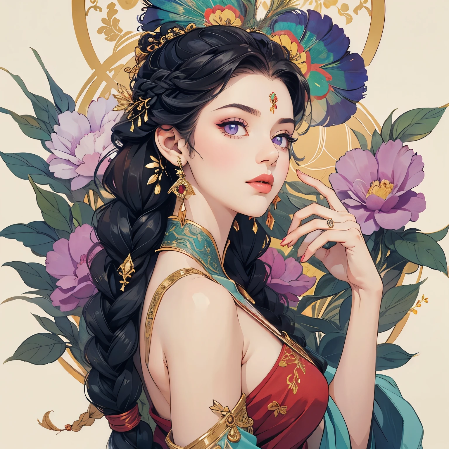 One girl, Very detailed , elegant , Vibrant colors , Lots of flowers , peacock feathers , Lying on your back , Upper Body , goddess , Beauty , Purple Eyes , Braid