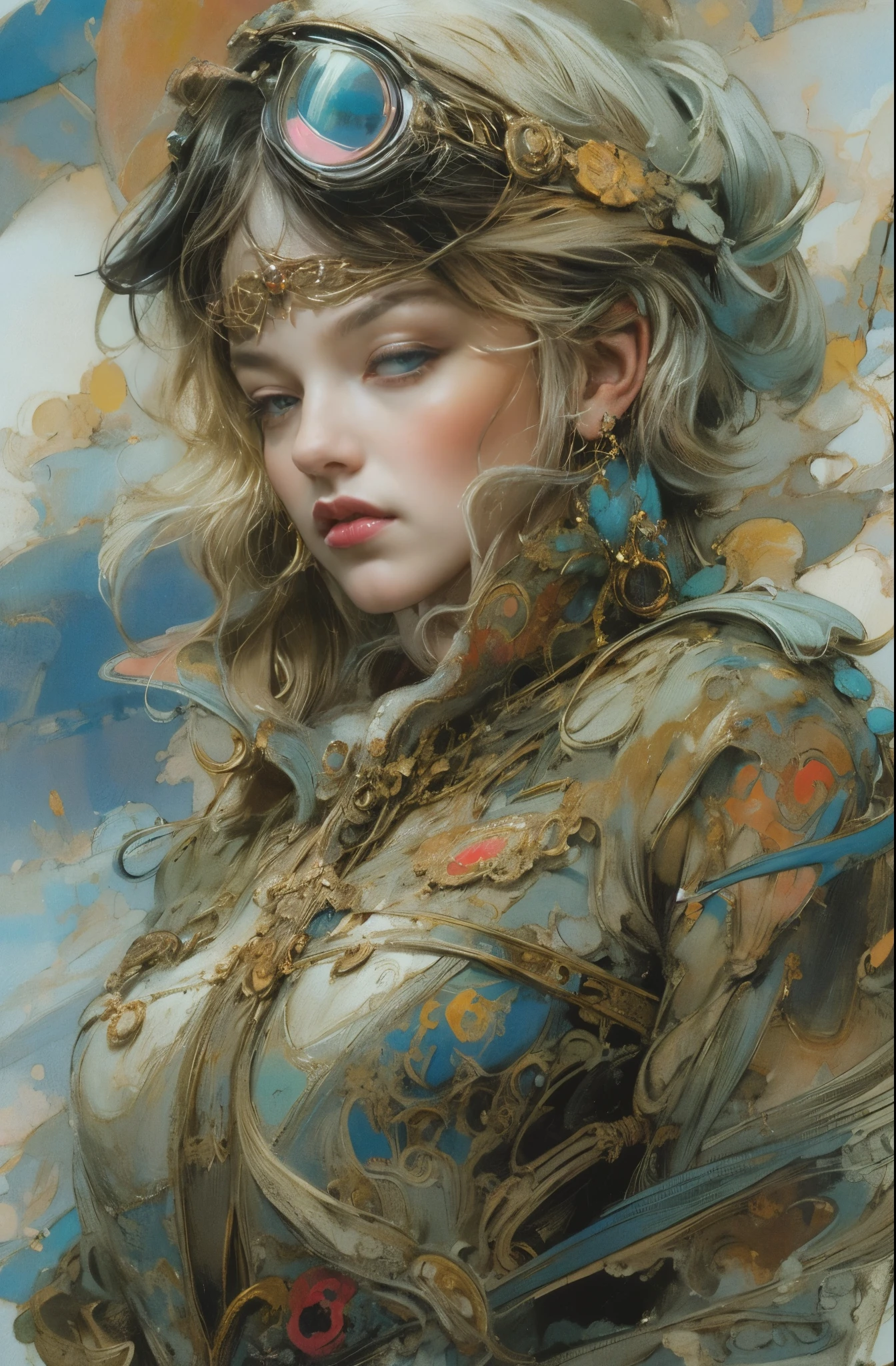 A beautiful portrait of a female pilot, Dream of flying through the sky, forerunner, Marlene Dietrich, Icons of decadence, pretty much beautiful face, Ultra-detailed paintings inspired by WLOP, ArtStation Trends, Fantasy art, intricate WLOP, art of WLOP, WLOPart, WLOP |, the style of WLOP, Beautiful character drawings, WLOP painting style, WLOP | art germ, Unparalleled Beauty Tumbler, Figurative art, Intense watercolor, Watercolor detailed art, Watercolor splash, Surreal, Avant-garde pop art, Beautiful and expressive paintings, Beautiful artwork illustration, Very colorful tones, wonderful, Cool Beauty, masterpiece, highest quality, Official Art, women only, Sharp contours, Best Shot, Vector art, By Sandra Chevrier, Dave McKean、Richard Avedon、By Makiej Kusiala, Bright design