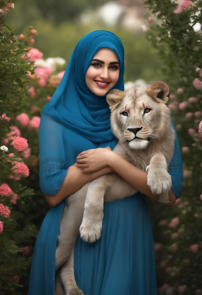Real picture beautiful girl wearing blue hijabi muslim with a big lion, standing smiling face happy, hugging, pure white skin, slim perfect body, realistic HD, standing at flower garden modern home, outdoors, detailed face, detailed eyes, shiny skin, white skin and glow, looking at the audience , (8k, RAW photo, best quality, masterpiece: 1.2), (realistic, realistic: 1.37), ultra-high resolution HD