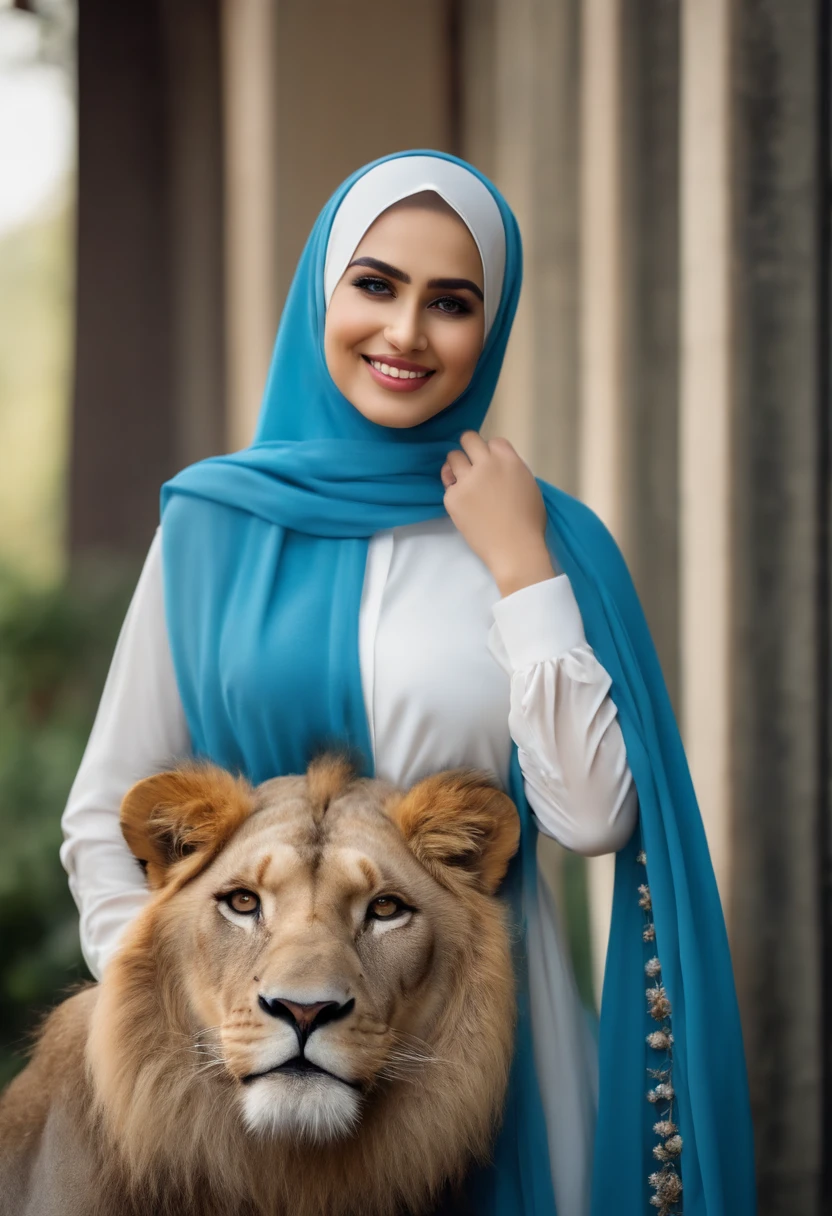 Real picture beautiful girl wearing blue hijabi muslim with a big lion, standing smiling face happy, hugging, pure white skin, slim perfect body, realistic HD, standing at flower garden modern home, outdoors, detailed face, detailed eyes, shiny skin, white skin and glow, looking at the audience , (8k, RAW photo, best quality, masterpiece: 1.2), (realistic, realistic: 1.37), ultra-high resolution HD