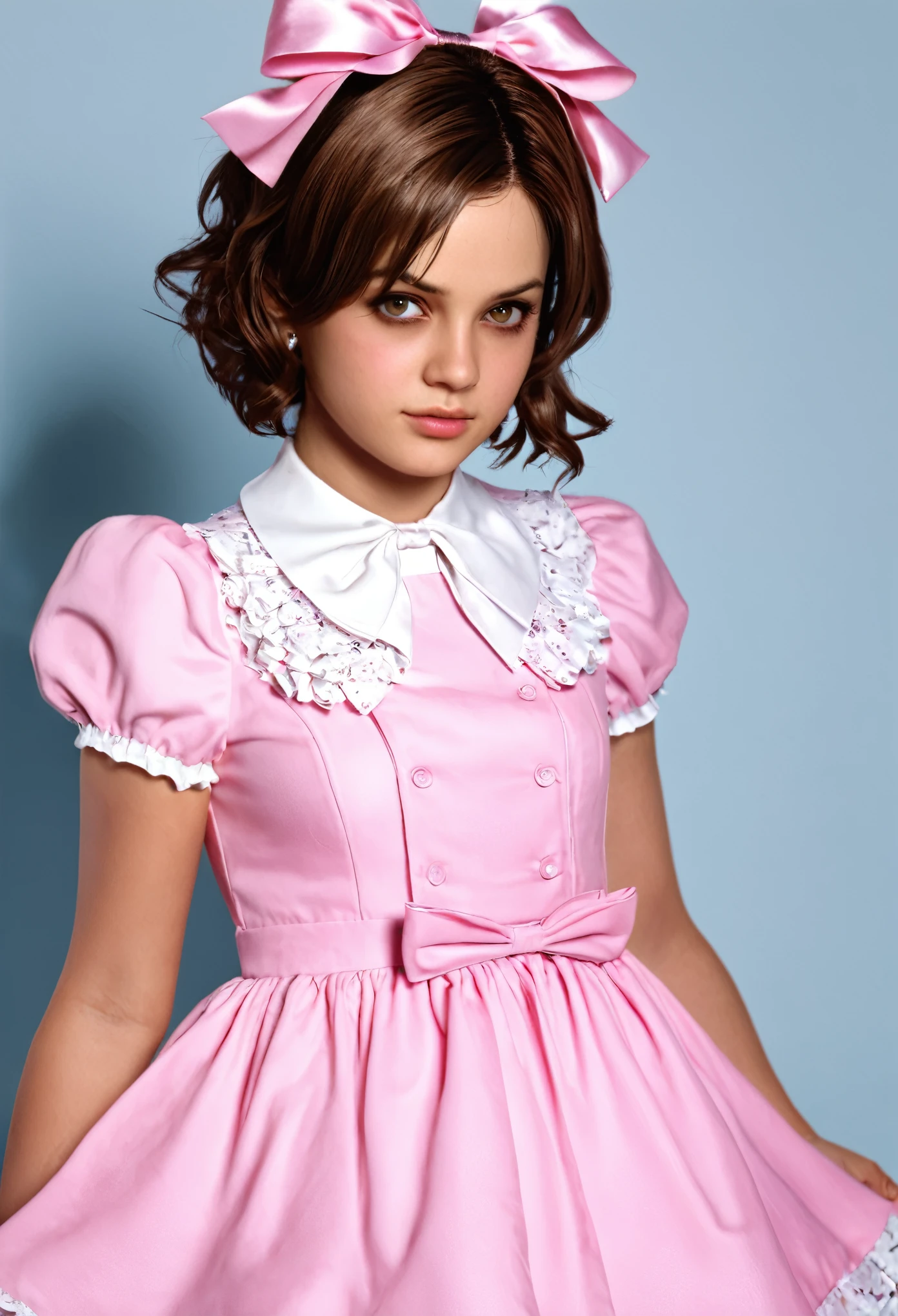 resident evil- filha de Leon kennedy bem parecida com ele (rosto Nick Apostolides) cabelos loiros, olhos azuis (sem ser intenso) sem ser chamativo, little pink dress short wavy hair and a pink bow in her hair (baby 6 months alone ) with mother (esposa de Leon) uma mulher de 33 anos cabelos grande ondulado e castanho, olhos castanhos (sem ser chamativo) reduce the color of the eyes, the color is too intense , personagens ultra-realista