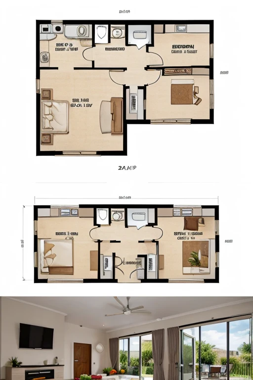 With a land dimension of 15mx15m please Design a house layout (include living room, 2 bed room, kitchen)
