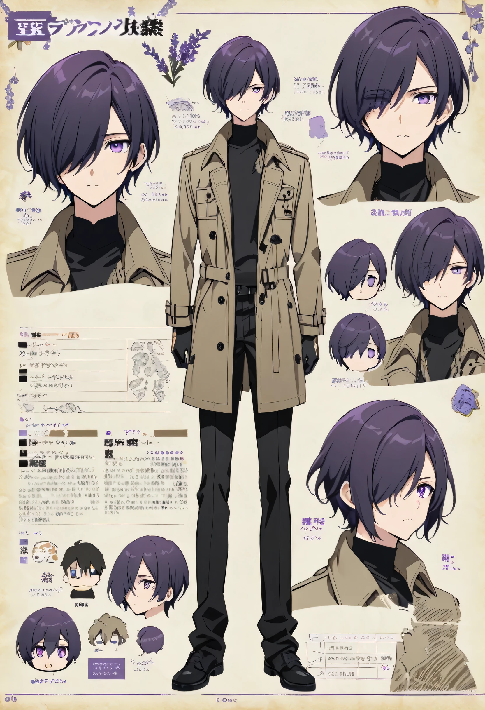 good looking, alone, male, short hair, Hair covering the left eye, Dark lavender hair, Purple eyes, Remains, Black Shirt, Black Pants, Khaki Coat,Character design sheet,front,three views,tall,Facing front