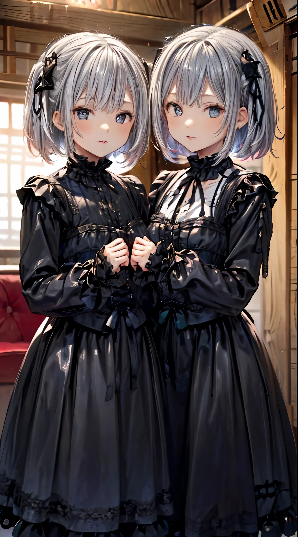 (((Twin sisters wearing black and white gothic ta dresses)))(((Twin sisters))) two girls, silver hair and silver hair