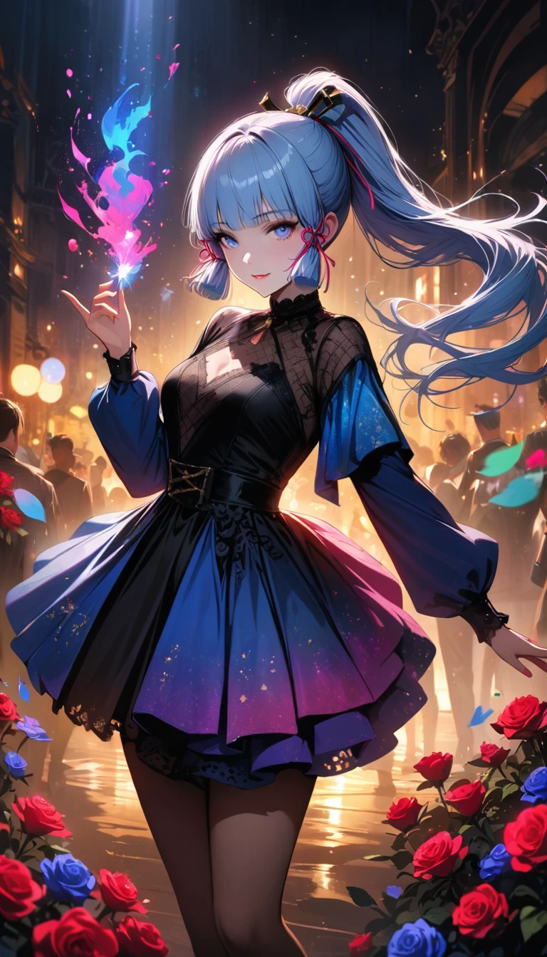(best quality,4k,8k,highres,masterpiece:1.2),ultra-detailed,realistic:1.37,(An idol playing electric guitar on stage), (Fashion Clothing), permanent, Looking at the audience, (Stage Background),Beautiful blue eyes, Beautiful face, floating,(High Saturation),(Colorful splash),Colorful bubbles,(shining), focus on face, Ponytail, Kamisato Ayaka, light blue hair, Bangs, Hair ring, floating flowers, Floating hair, (shining), Optimal lighting