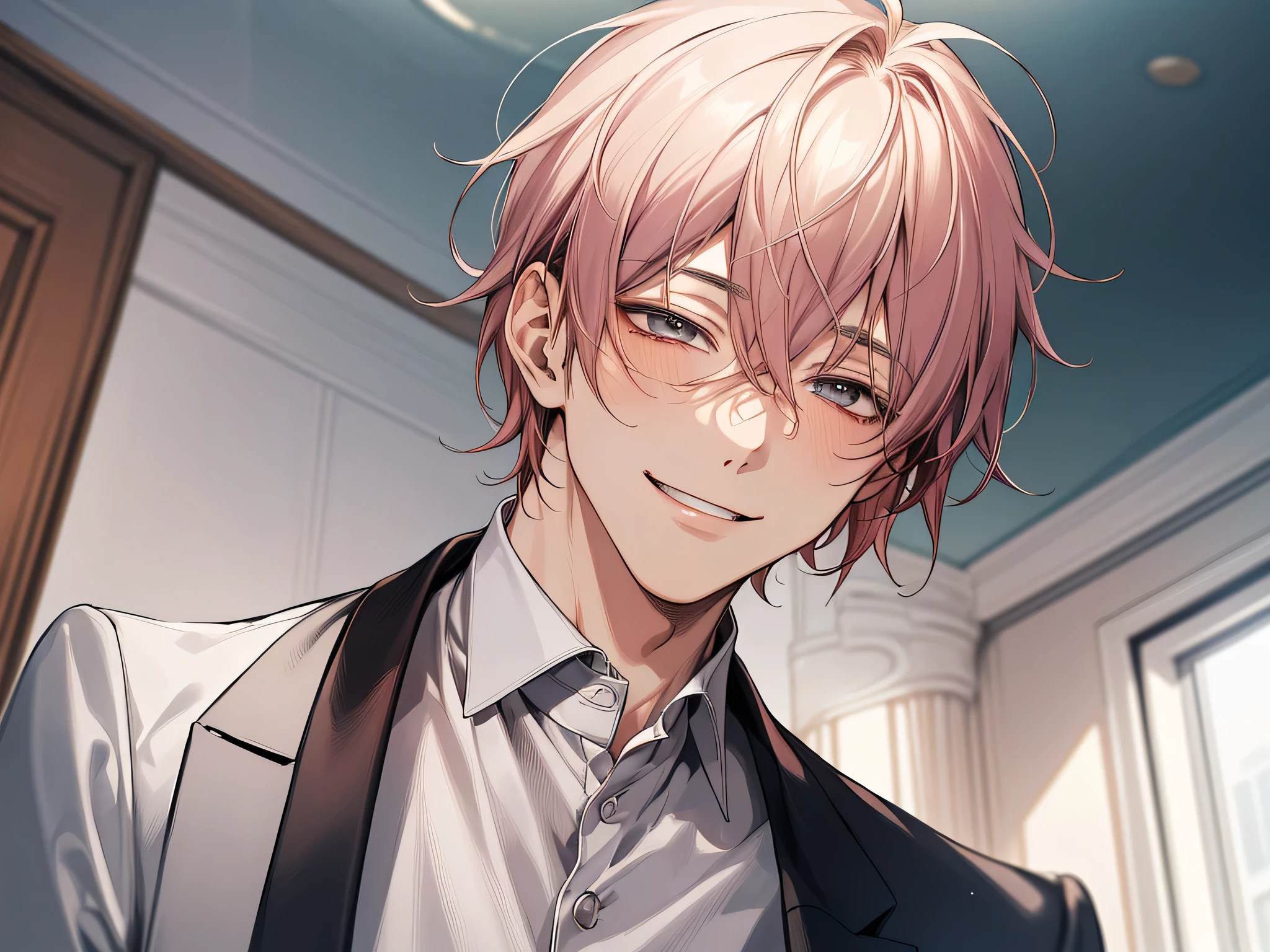 masterpiece,Face close-up,Angle from below,male, 20-year-old,(male1 person)、solo,Adult,A kind smile,Tea-colored hair,mash,(Droopy eyes),Lewd Eyes,White tuxedo,Ceiling in the background,