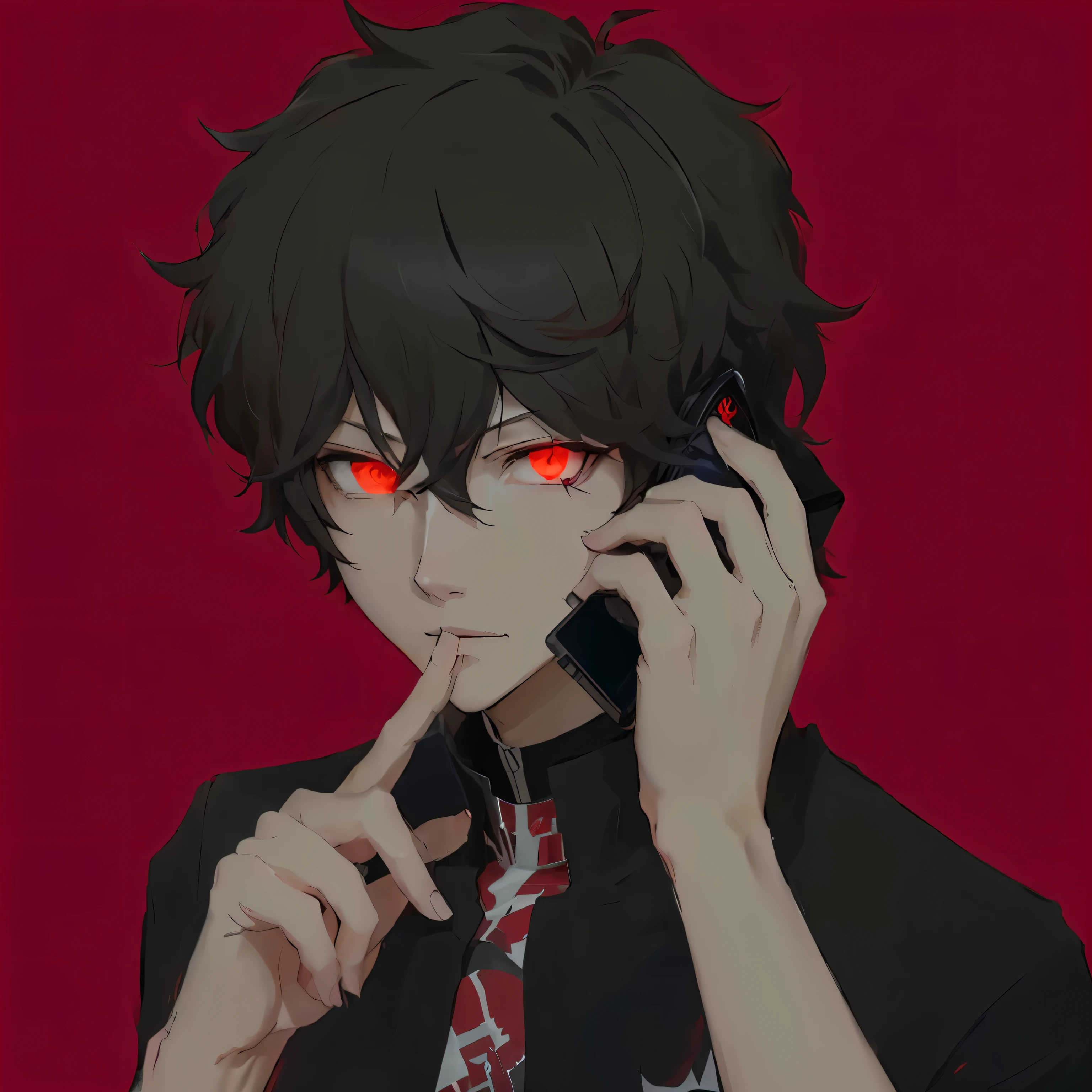 anime guy with red eyes talking on a cell phone, persona 5 art style, with red glowing eyes, persona 5 art style wlop, gapmoe yandere, inspired by Okumura Masanobu, with glowing red eyes, tall anime guy with red eyes, his eyes are red and glowing, akane owari danganronpa