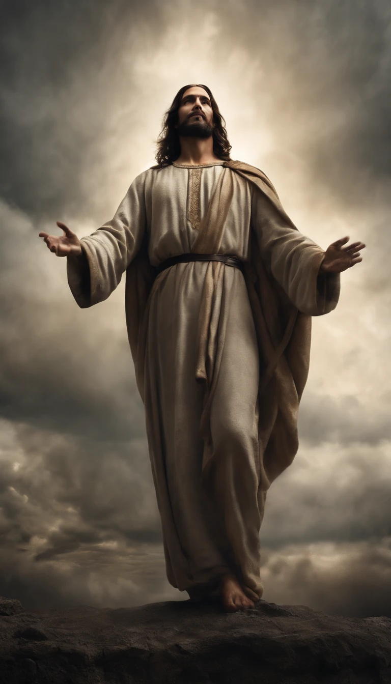 Jesus Cristo voando sobre as nuvens passando por Deus e seus anjos com armaduras Angelicais 