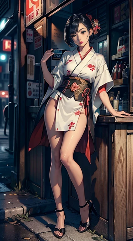 ((Extremely detailed CG unit 8k wallpaper, masterpiece, high resolution, quality,)), ((a very beautiful woman, number of expressions, lush lips, Posing like a model:1.5,High heel， upper part of body, Japanese short outer box, Japanese design ultra-lost short sleeves，Japanese pattern robe)), (disheveled black hair, white skinned, small), ((Corner store，night，Bright street )),