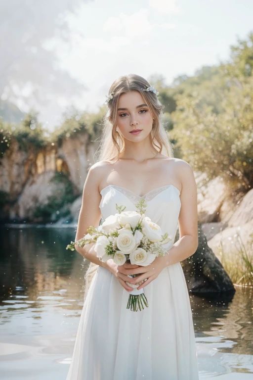 "(best quality,ultra-detailed),water element angel from lake,beautiful detailed eyes,beautiful detailed lips,flowing white dress,ethereal beauty,long flowy hair,golden halo,sparkling water drops,floating wings,soft ethereal light,impressionist painting style,vibrant colors,pastel color palette"