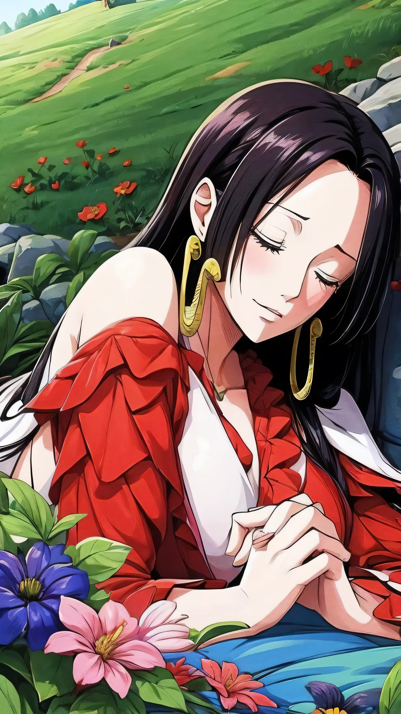 Boa Hancock sleeping backward on grass full of beautiful flowers looking at the camera and holding her hands out(Full body)(Full body)