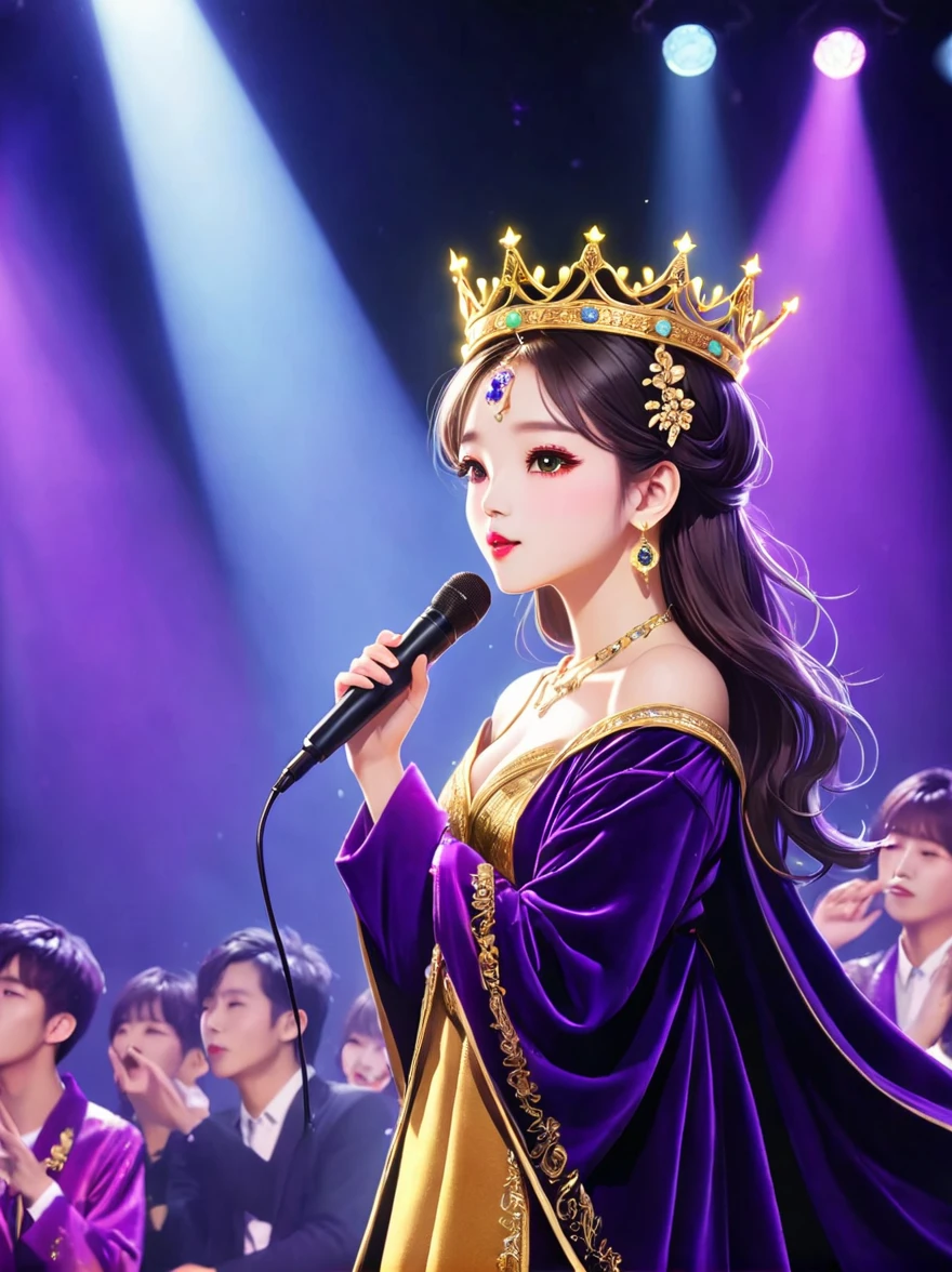 (Vision:1.8)，1girl, concert，(audience:1.5), (Idol stage:1.5)，weekend，站在金碧辉煌的Idol stage上，Wearing a golden crown，Dressed in a royal purple velvet robe，Wearing exquisite jewelry，Under the stage lights，A confident expression，The slim microphone fits in your hand，The stage is filled with smoke，Lights focus on people，It creates a mysterious and charming atmosphere，Beautiful eyes and lips，Even more attractive against the shadow background，Laser shows and moving stage effects complement the pulsating neon lights，Create a vibrant performance atmosphere，The stage floor is gleaming，The crowd was enthusiastic，Warm atmosphere，Eye-catching stage design，Full of technology，World-class production standards，Bringing a modern entertainment experience，Music and images blend perfectly，Demonstrating artistic expression and musical talent，The charming stage style makes people intoxicated，Best quality，8K, high resolution，masterpiece，Photorealistic effects，(从远处观看Idol stage:1.6)，((Stage scene in telescope))