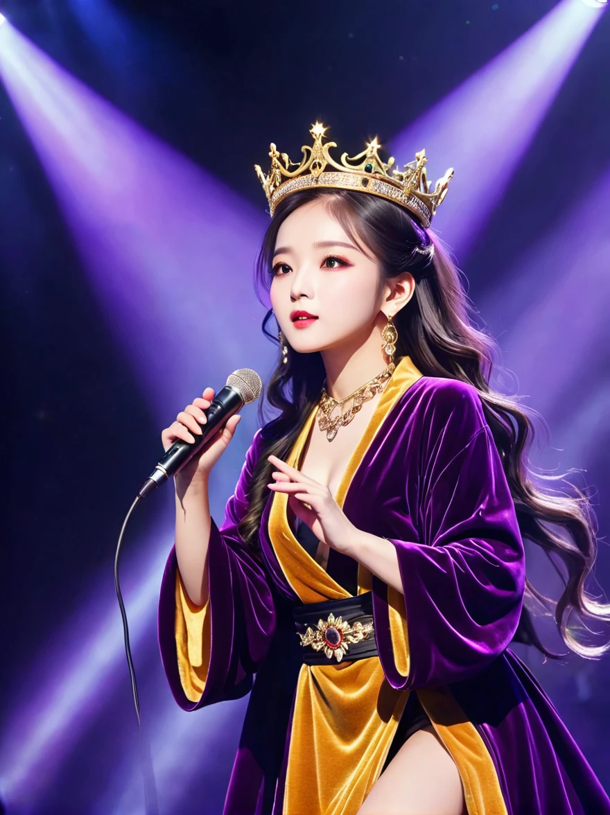 (Vision:1.8)，1girl, concert，(audience:1.5), (Idol stage:1.5)，weekend，站在金碧辉煌的Idol stage上，Wearing a golden crown，Dressed in a royal purple velvet robe，Wearing exquisite jewelry，Under the stage lights，A confident expression，The slim microphone fits in your hand，The stage is filled with smoke，Lights focus on people，It creates a mysterious and charming atmosphere，Beautiful eyes and lips，Even more attractive against the shadow background，Laser shows and moving stage effects complement the pulsating neon lights，Create a vibrant performance atmosphere，The stage floor is gleaming，The crowd was enthusiastic，Warm atmosphere，Eye-catching stage design，Full of technology，World-class production standards，Bringing a modern entertainment experience，Music and images blend perfectly，Demonstrating artistic expression and musical talent，The charming stage style makes people intoxicated，Best quality，8K, high resolution，masterpiece，Photorealistic effects，(从远处观看Idol stage:1.6)，((Stage scene in telescope))