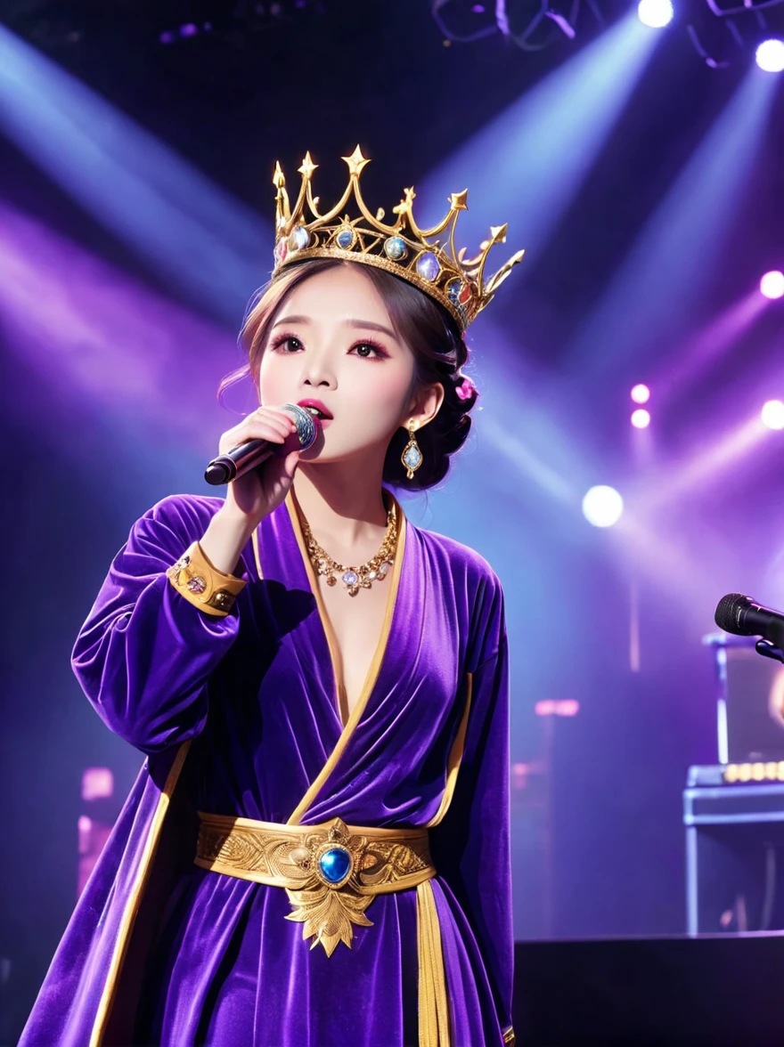 (Vision:1.8)，1girl, concert，(audience:1.5), (Idol stage:1.5)，weekend，站在金碧辉煌的Idol stage上，Wearing a golden crown，Dressed in a royal purple velvet robe，Wearing exquisite jewelry，Under the stage lights，A confident expression，The slim microphone fits in your hand，The stage is filled with smoke，Lights focus on people，It creates a mysterious and charming atmosphere，Beautiful eyes and lips，Even more attractive against the shadow background，Laser shows and moving stage effects complement the pulsating neon lights，Create a vibrant performance atmosphere，The stage floor is gleaming，The crowd was enthusiastic，Warm atmosphere，Eye-catching stage design，Full of technology，World-class production standards，Bringing a modern entertainment experience，Music and images blend perfectly，Demonstrating artistic expression and musical talent，The charming stage style makes people intoxicated，Best quality，8K, high resolution，masterpiece，Photorealistic effects，(从远处观看Idol stage:1.6)，((Stage scene in telescope))