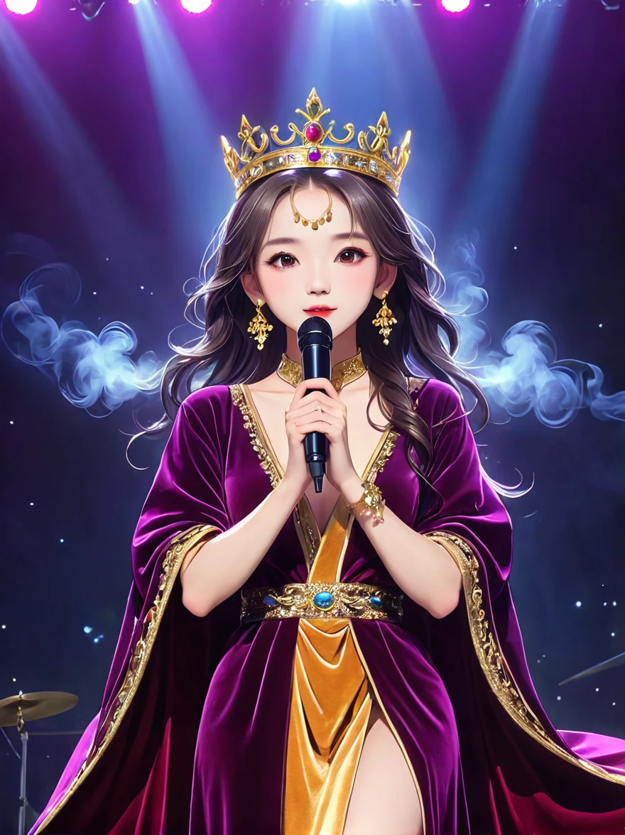 (Vision:1.8)，1girl, concert，(audience:1.5), (Idol stage:1.5)，weekend，站在金碧辉煌的Idol stage上，Wearing a golden crown，Dressed in a royal purple velvet robe，Wearing exquisite jewelry，Under the stage lights，A confident expression，The slim microphone fits in your hand，The stage is filled with smoke，Lights focus on people，It creates a mysterious and charming atmosphere，Beautiful eyes and lips，Even more attractive against the shadow background，Laser shows and moving stage effects complement the pulsating neon lights，Create a vibrant performance atmosphere，The stage floor is gleaming，The crowd was enthusiastic，Warm atmosphere，Eye-catching stage design，Full of technology，World-class production standards，Bringing a modern entertainment experience，Music and images blend perfectly，Demonstrating artistic expression and musical talent，The charming stage style makes people intoxicated，Best quality，8K, high resolution，masterpiece，Photorealistic effects，(从远处观看Idol stage:1.6)，((Stage scene in telescope))