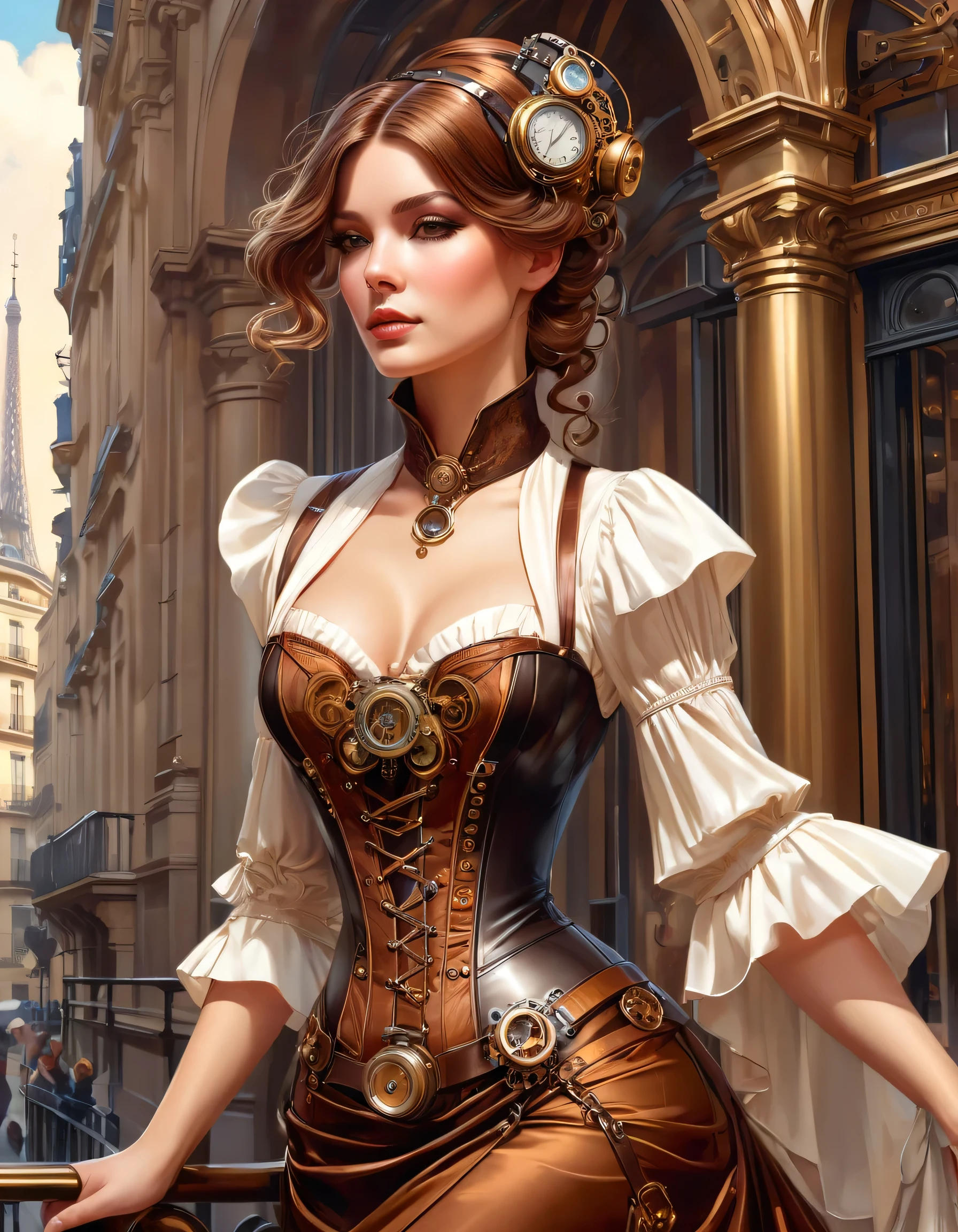 photo of (( )), wearing elegant dress steampunk items, modern day in Paris , intricate, elegant, highly detailed, digital painting, artstation, concept art, smooth, sharp focus, illu0.8ation, art by artgerm and greg rutkowski and alphonse mucha