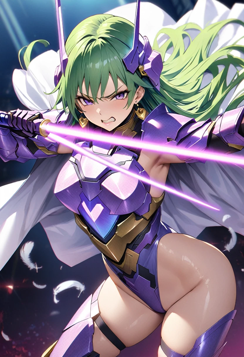 masterpiece、highest quality、Ultra-high resolution、Maximum resolution、Very detailed、Professional Lighting、anime、Adult female、thin、so beautiful、Annoyed face、Through clenched teeth、White and purple enamel high leg leotard、Purple pattern、((Cyber Armor))、Shiny Armor、White decoration、Cyber Headgear、Skin is visible from the shoulders、Gold earrings、Green Hair、Long Hair、Purple Ideam Chest、Pink Lips、White Cape、With a shiny shield、With a beam saber、On the back grows large feathers、Dynamic pose、