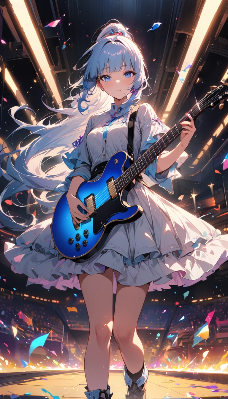 (masterpiece), (best quality), (Super detailed),(illustration), (An idol playing electric guitar on stage), (Fashion Clothing), permanent, Looking at the audience, (Stage Background),Beautiful blue eyes, Beautiful face, floating,(High Saturation),(Colorful splash),Colorful bubbles,(shining), focus on face, Ponytail, Kamisato Ayaka, light blue hair, Bangs, Hair ring, floating花朵, Floating hair, (shining), Optimal lighting, The best shadow,