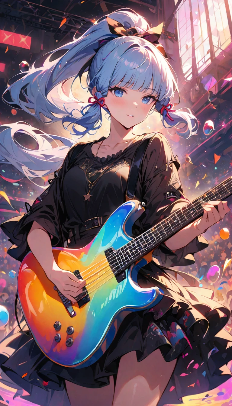 (masterpiece), (best quality), (Super detailed),(illustration), (An idol playing electric guitar on stage), (Fashion Clothing), permanent, Looking at the audience, (Stage Background),Beautiful blue eyes, Beautiful face, floating,(High Saturation),(Colorful splash),Colorful bubbles,(shining), focus on face,  Ponytail, Kamisato Ayaka, light blue hair, Bangs, Hair ring, floating花朵, Floating hair, (shining), Optimal lighting, The best shadow,