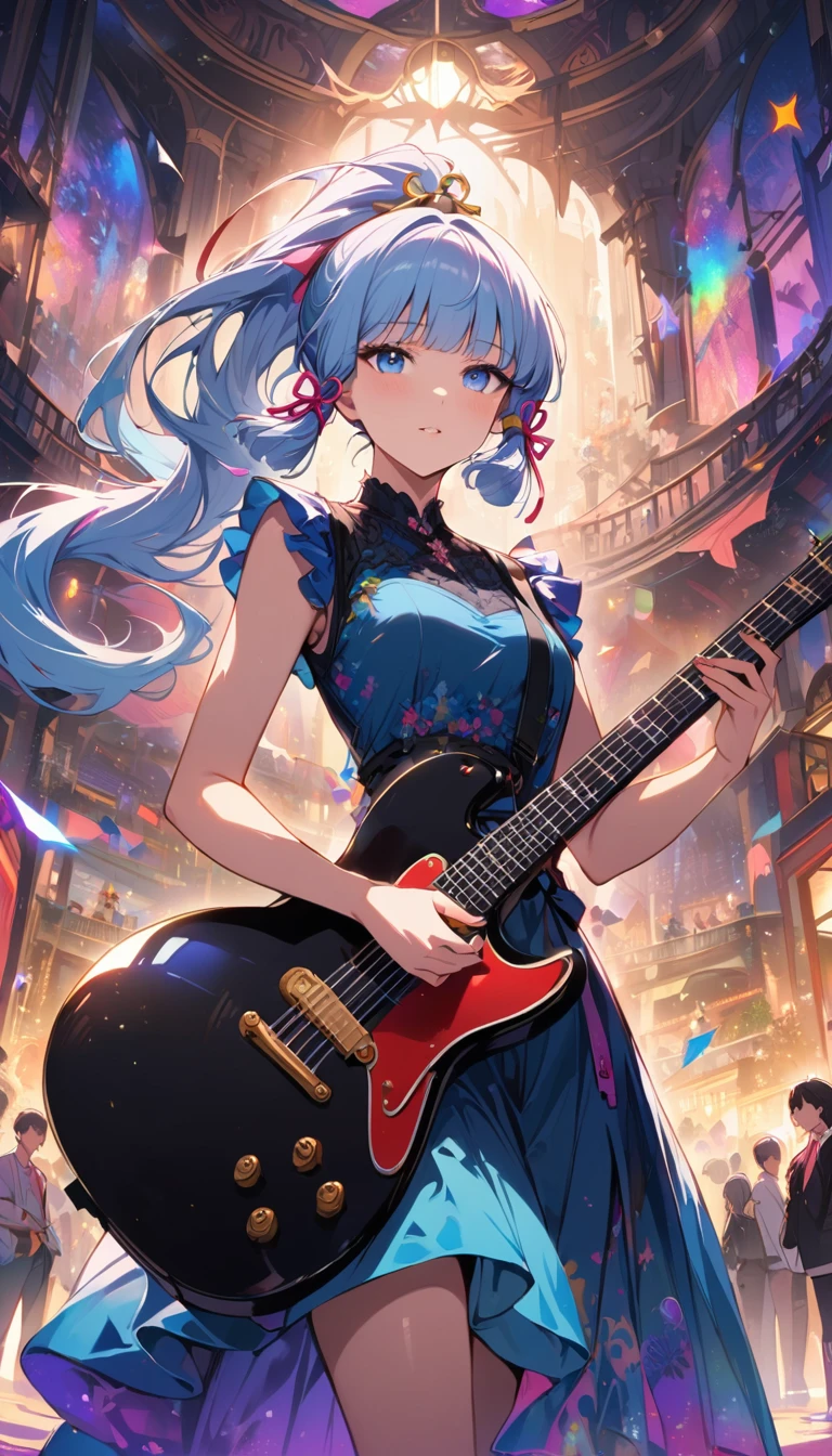 (masterpiece), (best quality), (Super detailed),(illustration), (An idol playing electric guitar on stage), (Fashion Clothing), permanent, Looking at the audience, (Stage Background),Beautiful blue eyes, Beautiful face, floating,(High Saturation),(Colorful splash),Colorful bubbles,(shining), focus on face,  Ponytail, Kamisato Ayaka, light blue hair, Bangs, Hair ring, floating花朵, Floating hair, (shining), Optimal lighting, The best shadow,