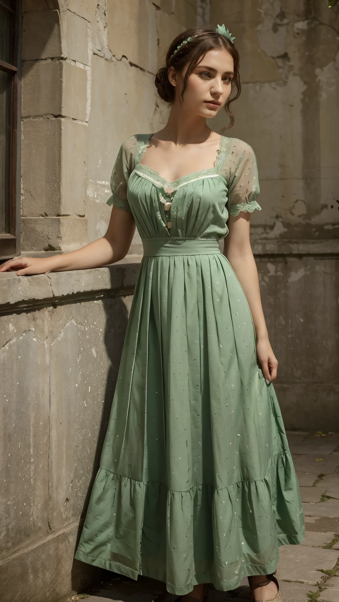 ((masterpiece)), (best quality), (simple style), green dress, Butterfly heart, pleated lace, Edwardian lace dress. add skin blemishes, acnes, spots beautifully, 
