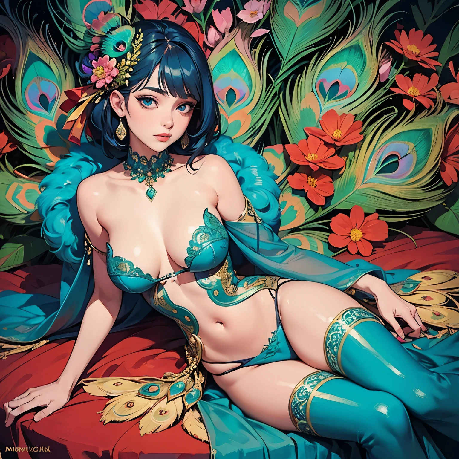 One girl, Very detailed , elegant , Vibrant colors , Lots of flowers , peacock feathers , Resting one's chin on one's hand , Upper Body , goddess , Beauty , Purple Eyes