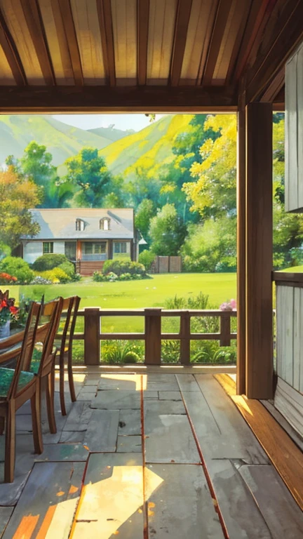 "In the embrace of a golden morning sun, a verdant expanse of lush green grass stretches out, bathed in the soft glow of dawn. The gentle breeze carries the scent of dew-kissed blades, adding a refreshing touch to the tranquil scene. Nestled amidst this serene landscape stands a quaint, traditional wooden house, its warm lights flickering like beacons of comfort and hospitality. Smoke curls lazily from the chimney, mingling with the crisp morning air. A colorful array of wildflowers blooms at the house's doorstep, their vibrant hues adding a cheerful contrast to the rustic charm. As birdsong fills the air, the scene exudes a sense of peace and harmony, inviting one to step into this idyllic haven and embrace the beauty of nature's awakening."