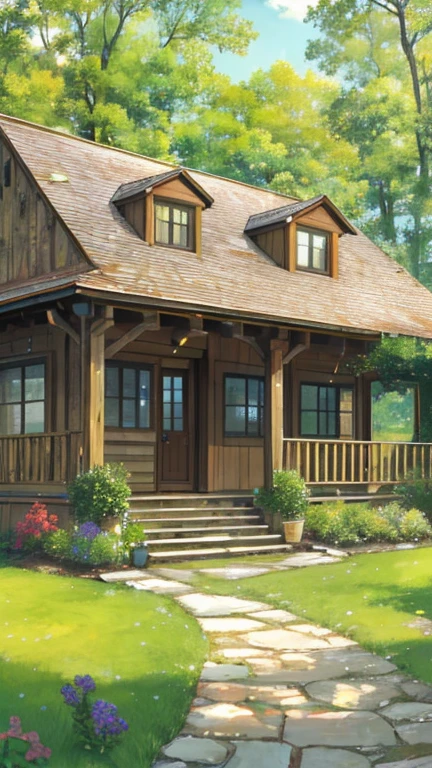 "In the embrace of a golden morning sun, a verdant expanse of lush green grass stretches out, bathed in the soft glow of dawn. The gentle breeze carries the scent of dew-kissed blades, adding a refreshing touch to the tranquil scene. Nestled amidst this serene landscape stands a quaint, traditional wooden house, its warm lights flickering like beacons of comfort and hospitality. Smoke curls lazily from the chimney, mingling with the crisp morning air. A colorful array of wildflowers blooms at the house's doorstep, their vibrant hues adding a cheerful contrast to the rustic charm. As birdsong fills the air, the scene exudes a sense of peace and harmony, inviting one to step into this idyllic haven and embrace the beauty of nature's awakening."