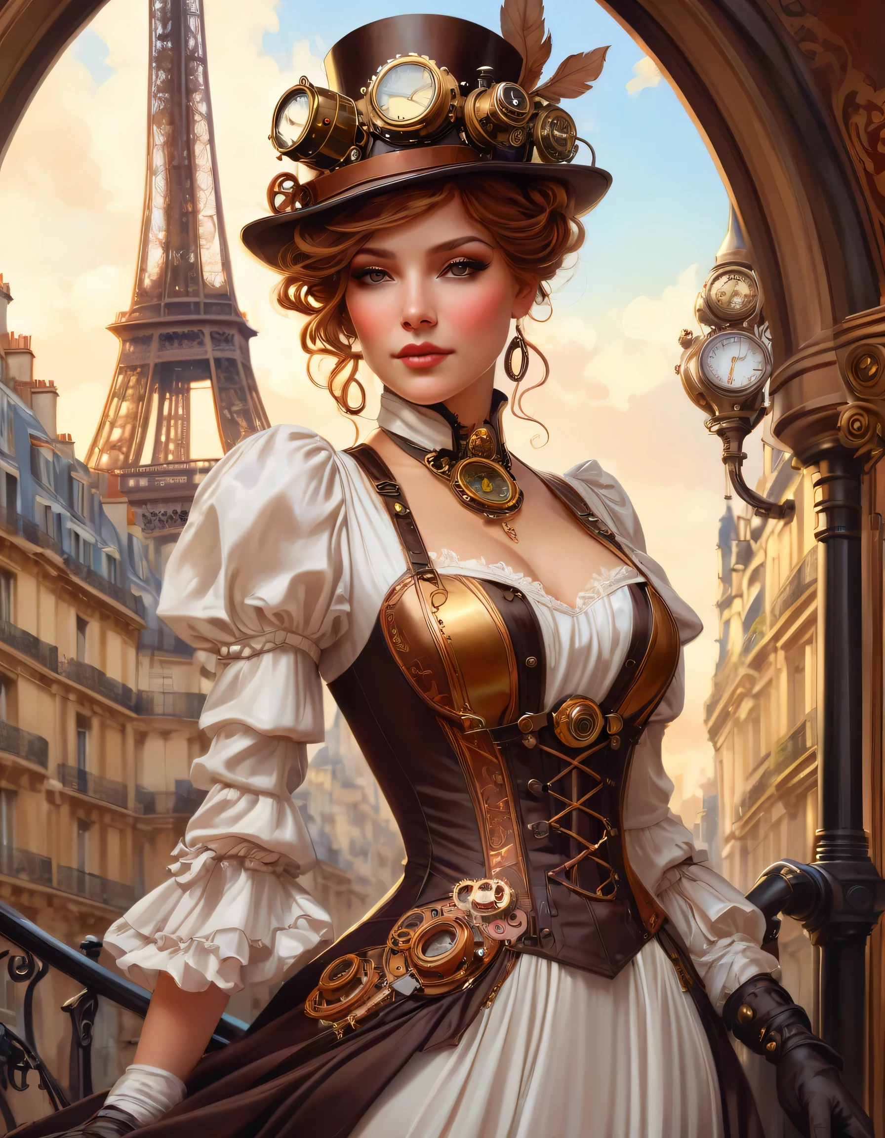 photo of (( )), wearing elegant dress steampunk items, modern day in Paris , intricate, elegant, highly detailed, digital painting, artstation, concept art, smooth, sharp focus, illu0.8ation, art by artgerm and greg rutkowski and alphonse mucha