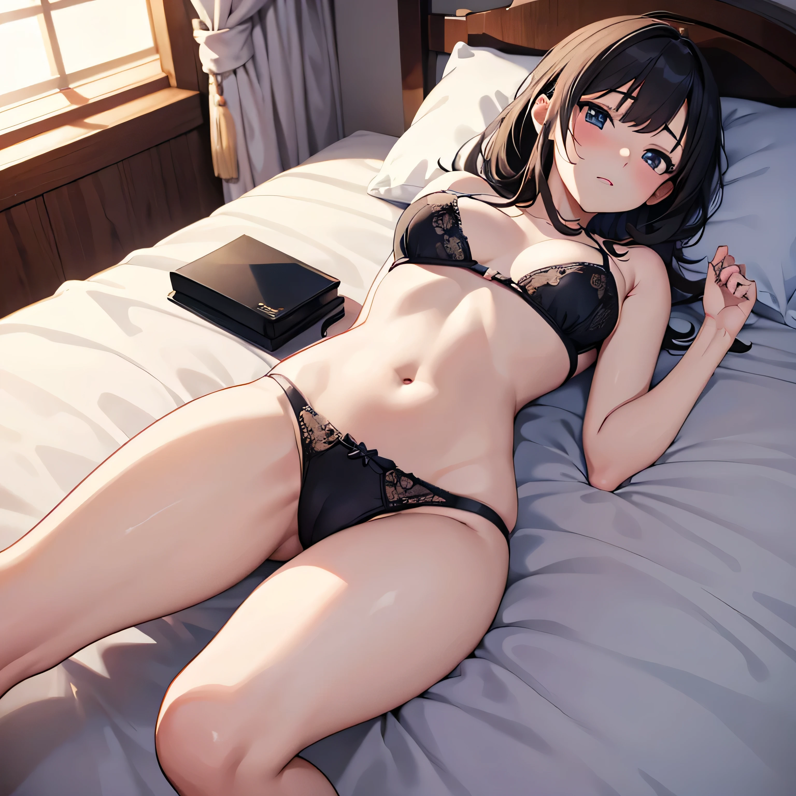 sexual, exposure, japanese anime, on bed, beautiful face, beautiful legs, lying on bed, 1 female, underwear, detailed, 8k, opening both legs,