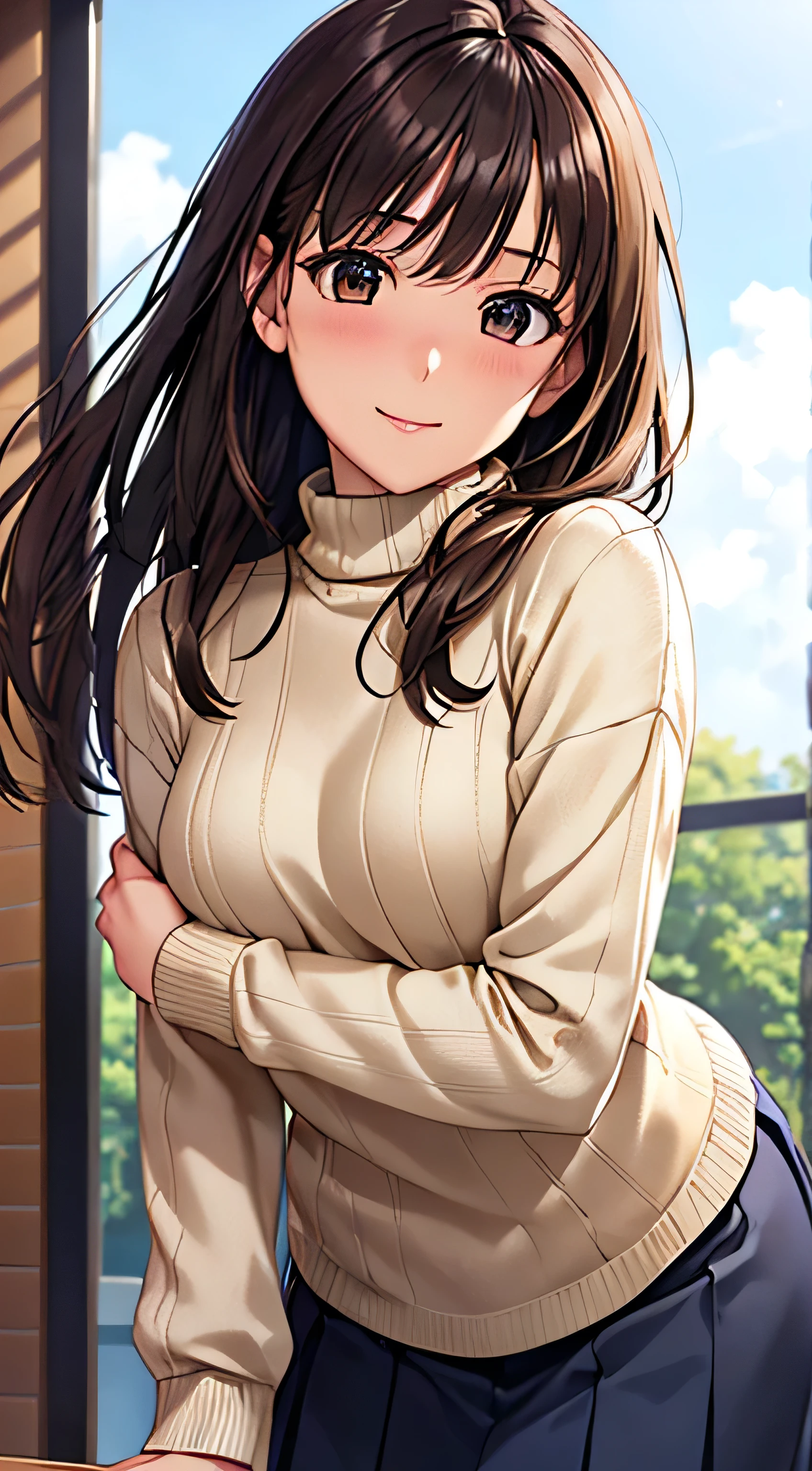 ((Tabletop, highest quality, High resolution, , Perfect Pixel, 4K,))), 1 female teacher, single, alone, beauty、The whole body is visible、 ((Mid-wave hair, bangs, Brown Hair)), ((Brown eyes, Beautiful eyelashes, Realistic eyes)), ((Detailed face, Blushing:1.2)), ((Smooth texture:0.75, Realistic texture:0.65, Realistic:1.1, Anime CG Style)), Medium Chest, Dynamic Angle, Perfect body, (( , , Beige turtleneck sweater, long pleated skirt of dark blue color、)), 、、Very embarrassing panic smile, looked back、Leaning forward、The wind is blowing and my underwear is completely visible、Touch your buttocks with both hands、White and pink floral lace panties、Angle from below)、