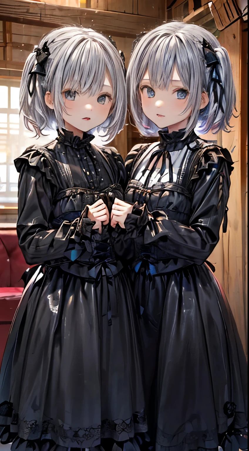 (((Twin sisters wearing black and white gothic lolita dresses)))(((Twin sisters))) two girls, silver hair and silver hair