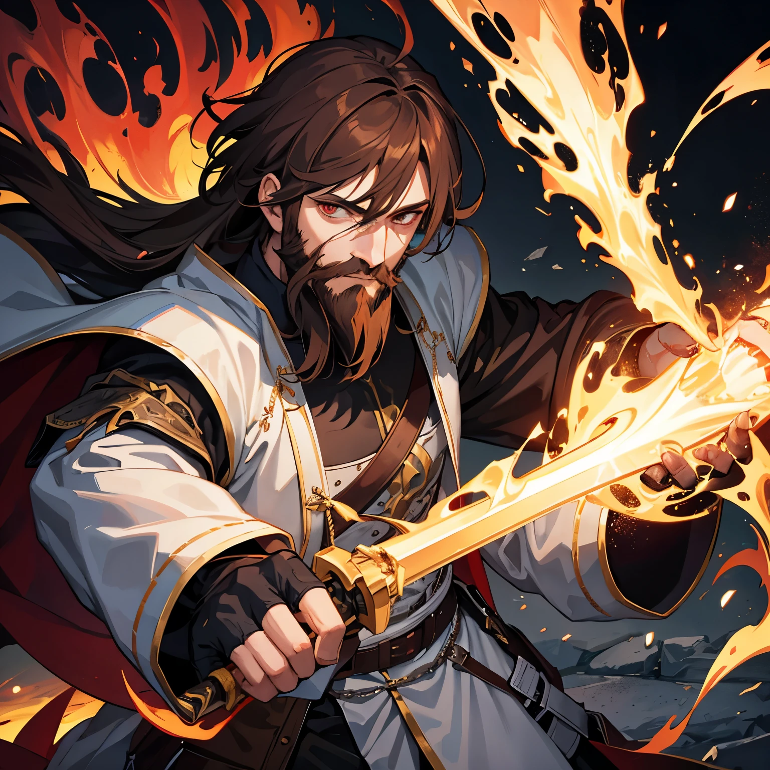 knight, have a beard, holding a flaming sword, red eyes, expressionless,Desperate eyes,brown hair,There is a scar on the right eye.