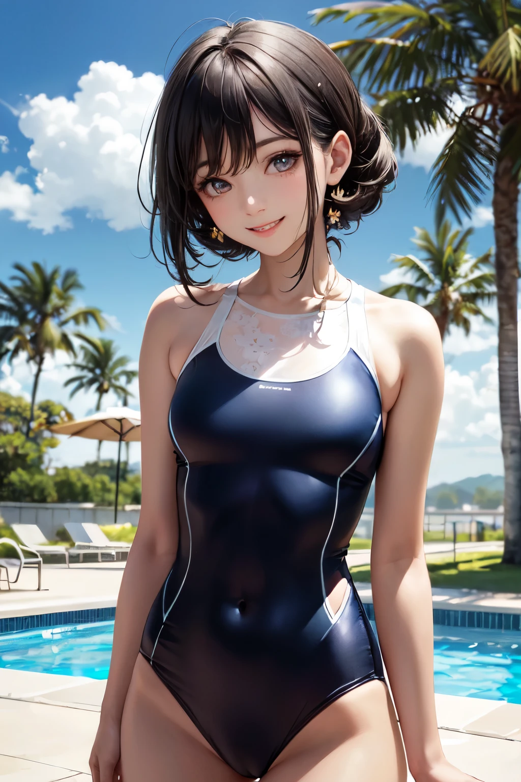 very cute and beautiful girl,(highly detailed beautiful face and eyes),(blue swimsuit),
standing,pool side,tiny colorful flowers on grassland,
(smile:1.25),looking at viewer,black hair,cowboy shot,
(best quality,masterpiece),absurdres,highres,ultra-detailed,extremely detailed,32k,
cinematic scene,detailed background,solo,dynamic angle,
hair fluttering in the wind,beautiful detailed sky,