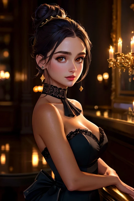 1girl, long hair, foundation, concealer, mascara, rosy cheeks, smokey eye makeup, lipstick, photorealistic, hyperrealistic, hyperdetailed, analog style, soft lighting, subsurface scattering, realistic, heavy shadow, masterpiece, best quality, ultra realistic, 8k, golden ratio, Intricate, High Detail, film photography, soft focus, (european, caucasian:1.5), luxurious night club, dim mood lighting, accent lighting, high end, upscale, posh, fancy ornate bar, (short black cocktail dress:1.25), strapless, bare shoulders, (hair up in messy bun:1.3), content, relaxed, soft smile, elegant dignified pose, (beautiful, gorgeous, flawless complection, glamour model:1.3), twilight blue, sparkling silver, galaxy purple, black velvet, (medium shot:1.4), (portrait:1.2), (hispanic, spanish, dark tan skin:1.3)