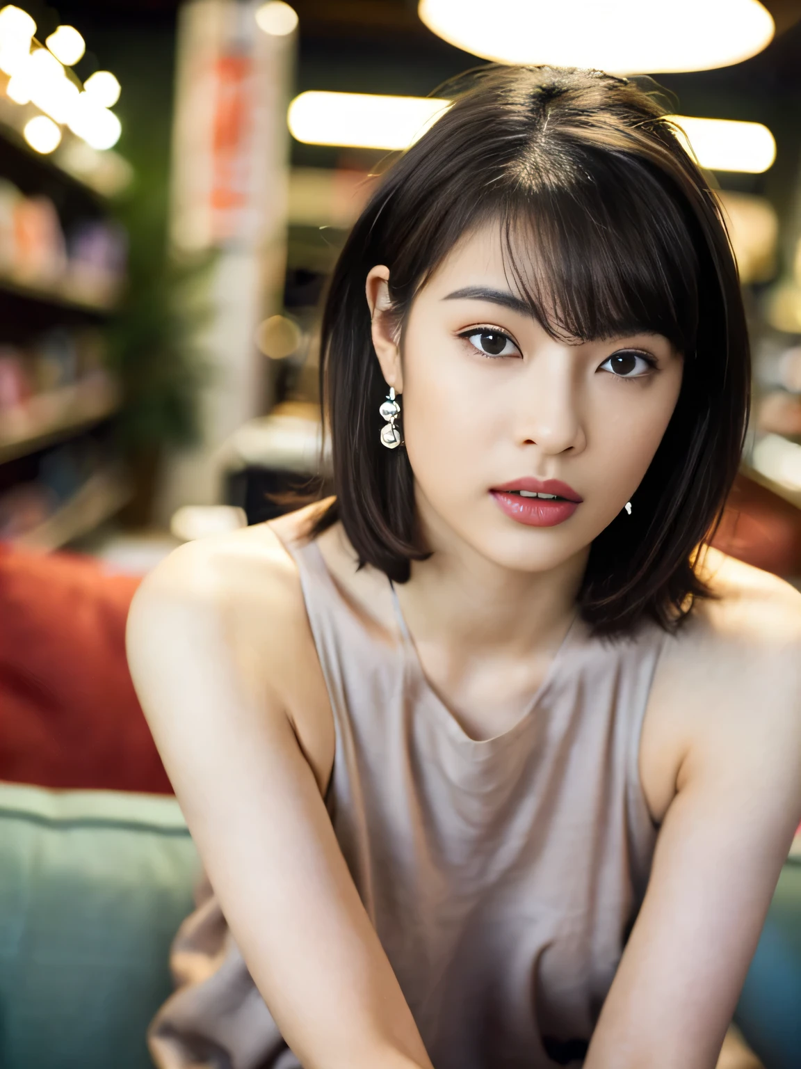 ((Tabletop,highest quality)), ((Tabletop,8k)), (Photorealistic:1.4), Very detailed, Ultra-high resolution, 8k wallpaper, 80mm prime lens, Large file size
(camisole, Floral, Light grey clothes, Beautiful thighs:1.4),
((I want to kiss you?, I want to touch my breasts?, I want to cheat with you?:1.2)),
((Do you like beautiful women??, Kiss me on the mouth, Please touch my thighs:1.2)),
((Sexy atmosphere, Complete darkness, hold out your lips, A sigh escapes, Disheveled Hair)),
((High-class girls bar, She sat on the sofa in the store.、Take a seductive pose, One shoulder strap comes off, Start taking off your clothes, , Focus on beautiful legs:1.5)),
((highest quality, 8k, masterpiece: 1.3)), Perfect body beauty: 1.4, (Breast A cup:1.2), Small breasts, Round shaped breasts, Perfectly shaped breasts, Very detailedな顔, Beautiful woman, (Dark brown shortcuts), Slim face, Very detailedな顔 and skin texture, Very detailedな唇, (Realistic:1.4),
((Age 25, Japan and half Korean woman, Women with sex appeal:1.5)),
((Earrings that match your outfit, Silver Necklace:1.2)),
((Look up a little)),
((Squint your eyes)),
((purse your lips:1.2)),
((Blushing:1.2)),
((Small breasts,Flat Chest:1.2)),
Narrow shoulders, Long, slender legs, Thin waist,
Ultra-detailed skin, Glossy Skin, Ultra detailed face, Ultra detailed breasts,
Ultra-detailed eyes, Slit eyes, Brown eyes, double eyelid, Beautiful thin eyebrows, Thin, long eyelashes,
Ultra-detailed lips, Fuller lips, Glossy pink lips, Flushed Cheeks, White teeth,
Beautiful actress's languid make-up, Pink lipstick, Smoky eyeshadow, Eye foundation,
Dark Brown Hair, Delicate and soft hair, Hair blowing in the wind,
(Elegantly putting your hair up, Medium Short Hair, Soft bob cut:1.2),