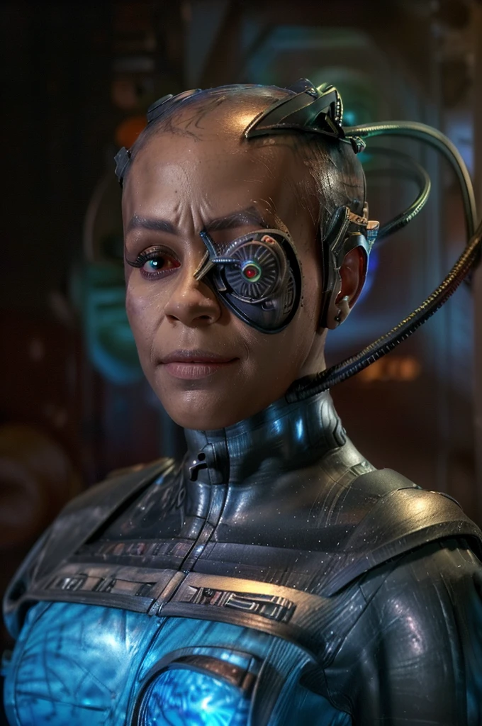 (black woman wearing blue sci-fi uniform, veins, borg, eyepatch, cable, luma, rosalina, detailed face, detailed eyes, detailed lips, metal texture, glowing lights, James Daly art style) (best quality, ultra-detailed, photorealistic), professional, HDR, vivid colors, sharp focus, studio lighting
