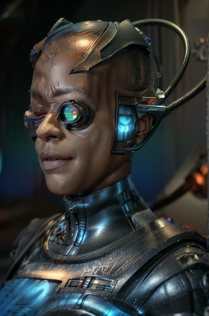(black woman wearing blue sci-fi uniform, veins, borg, eyepatch, cable, luma, rosalina, detailed face, detailed eyes, detailed lips, metal texture, glowing lights, James Daly art style) (best quality, ultra-detailed, photorealistic), professional, HDR, vivid colors, sharp focus, studio lighting