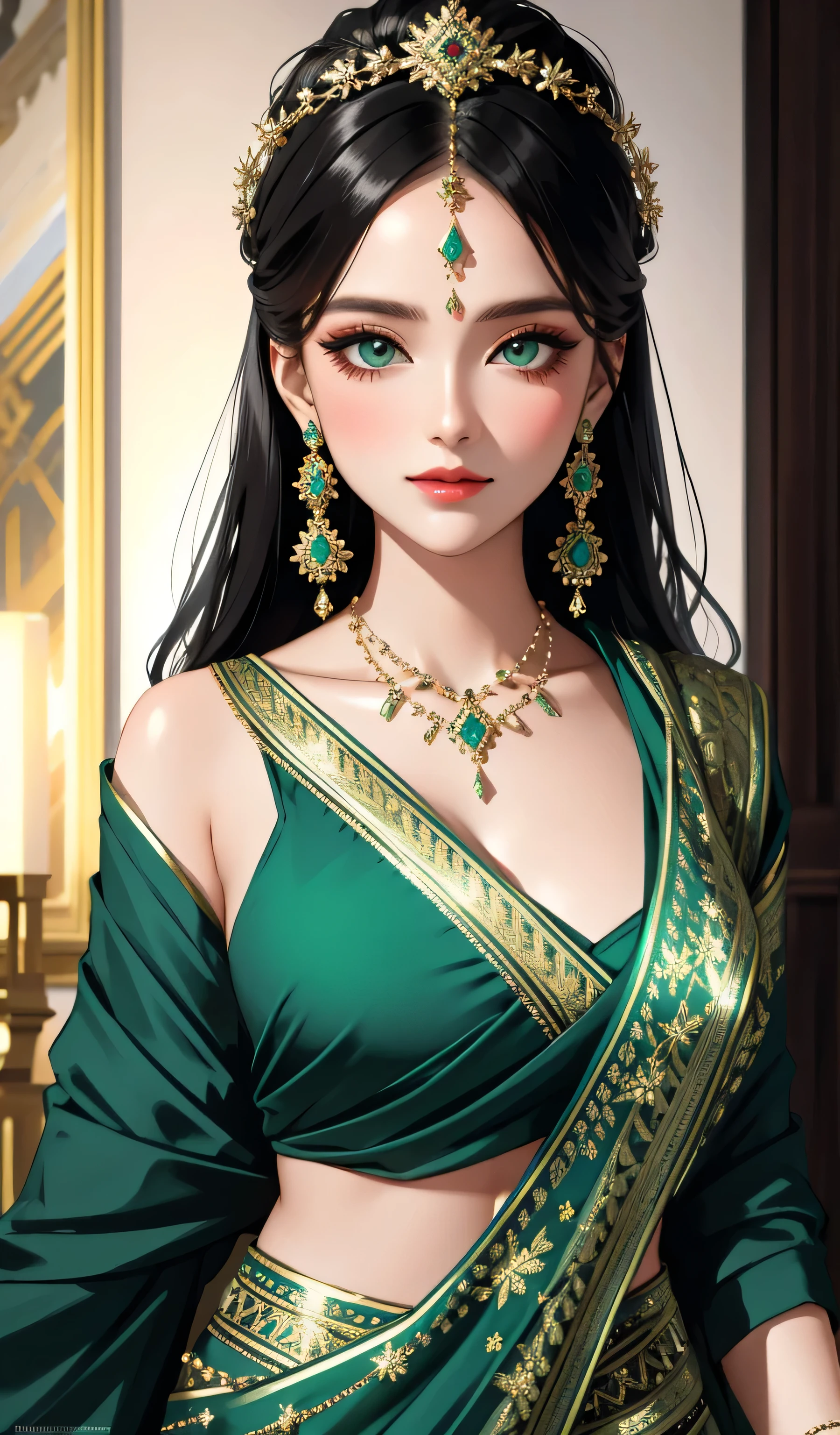 Sexy russian woman, lots of jewellery, black silk blouse and light green saree, amazing makeup, beautiful face, kind eyes, intricate dance, traditional look and dance