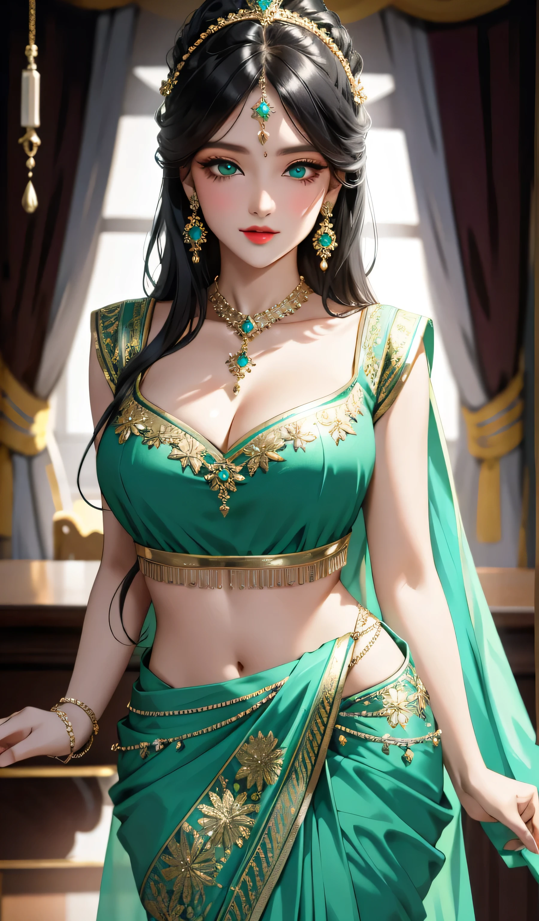 Sexy russian woman, lots of jewellery, black silk blouse and light green saree, amazing makeup, beautiful face, kind eyes, intricate dance, traditional look and dance