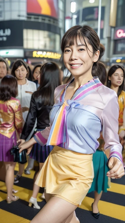 ((highest quality)), ((8K)), ((masterpiece: 1.3)), (Perfect appearance), (Photorealism: 1.6), (Japanese mature women passing by in the crowd), (Turning towards me with just her face), (Shibuya scramble crossing at night: 1.4), (In the middle of the scramble intersection: 1.2), (Detailed background), (60 years old, Japanese Mature), (Beautiful Japanese mature woman: 1.2), ((Realistic skin texture)), (Fine lines all over the skin), (Dull skin), (Moisture wrinkles on the face), (Wrinkles around the eyes), double eyelid, Tear bags under the eyelids, Looking back and smiling gently, (Short bangs: 1.2), Straight long hair, (Hair tied back: 1.2), hair with natural movement, (Colorful blouse and plain long skirt: 1.4), High heels, (Full body portrait: 1.4), (Angle from the legs: 1.4),