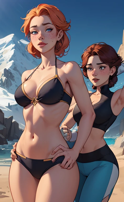 Beautiful portrait mode pose Cartoon character in dynamic pose two women together with freckles on their faces Disney princess Queen Anna of Arendelle with 1,60cm on the left and together with a symmetrical body and beautiful breasts, corpo bem definido, delicado e sensual, estilo de desenho animado, digital illustration Portrait mode a close up of two women Cartoon style digital illustration in bikinis in front of a mountain, artegerm e lois van baarle, artegerm e atey ghailan, modelo uniforme | artegerm, artegerm e Genzoman, artegerm comic, como visto em artegerm, artegerm e wlop, artegerm and rossdraws style digital illustration cartoon style
