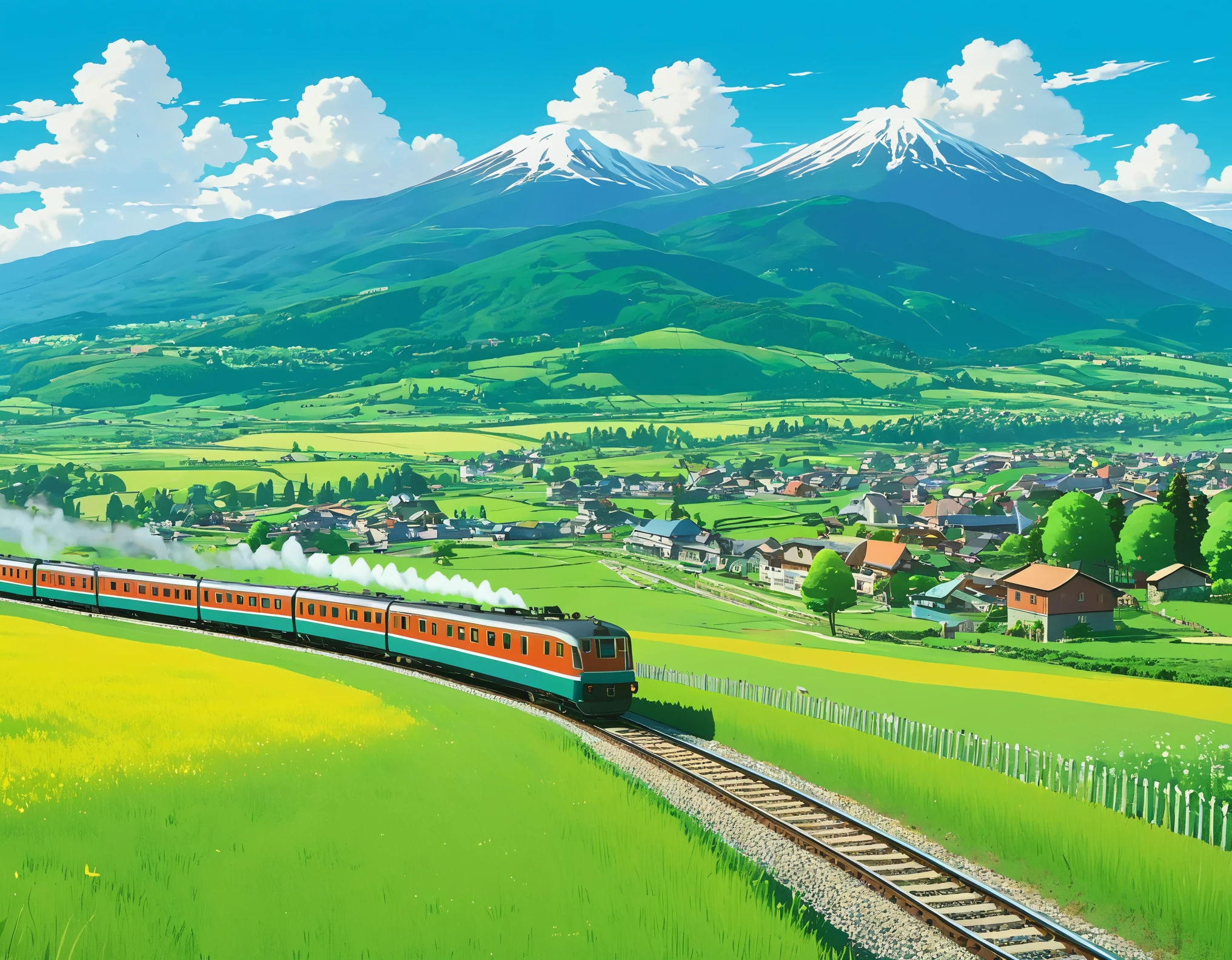 A train is moving on the tracks in front of green fields. Houses and mountains can be seen in the distance. In the style of Studio Ghibli, in the style of Ghibli anime, with simple flat colors on a sunny day with a blue sky and white clouds. Vibrant colors and highly detailed.