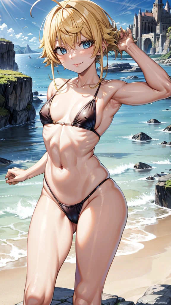 Tanya Degurechaff, ropa apretada, poca piel visible, (( ruborizada, sonrisa, oiled skin)), pelo corto, cabello amarillo, (( yellow hair, piernas descubiertas)), Skinny body, abs, muscle, muscle girl, big sagging breast , Iparuputsua, de pie en la entrada de un castillo, brazos a los costados, magic world background, mundo medieval .