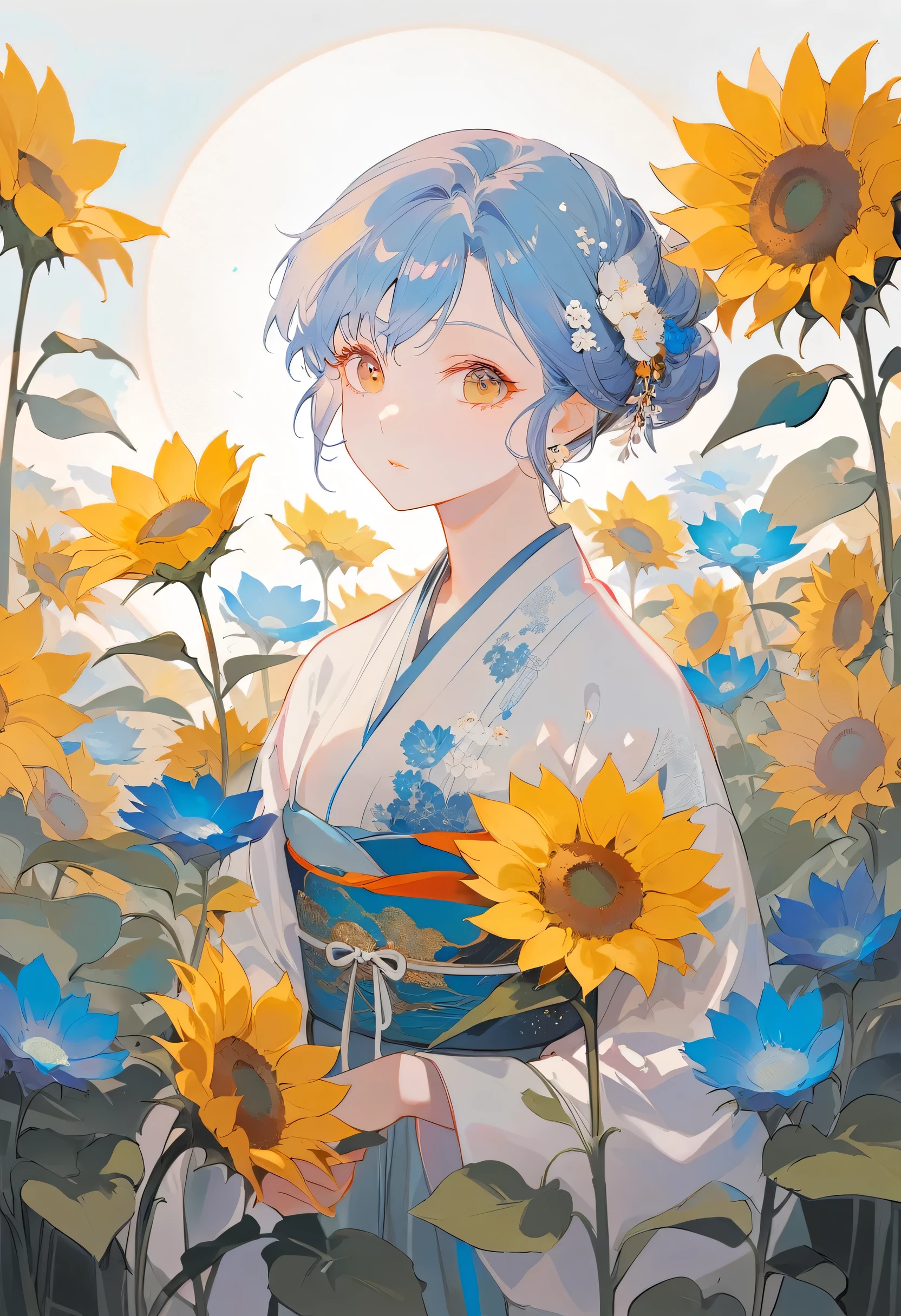 The composition of fictional characters, Dressed in young blue flowers, Surrounded by sunflowers, main character, With eyes open, His hair was blown by the wind, Sun heals, Close-up monochrome painting, Lovely, dream, Oil painting style, acrylic paint,, Japanese, Interesting concept, Interesting-ar 3:4 - Has 20 - More than 5