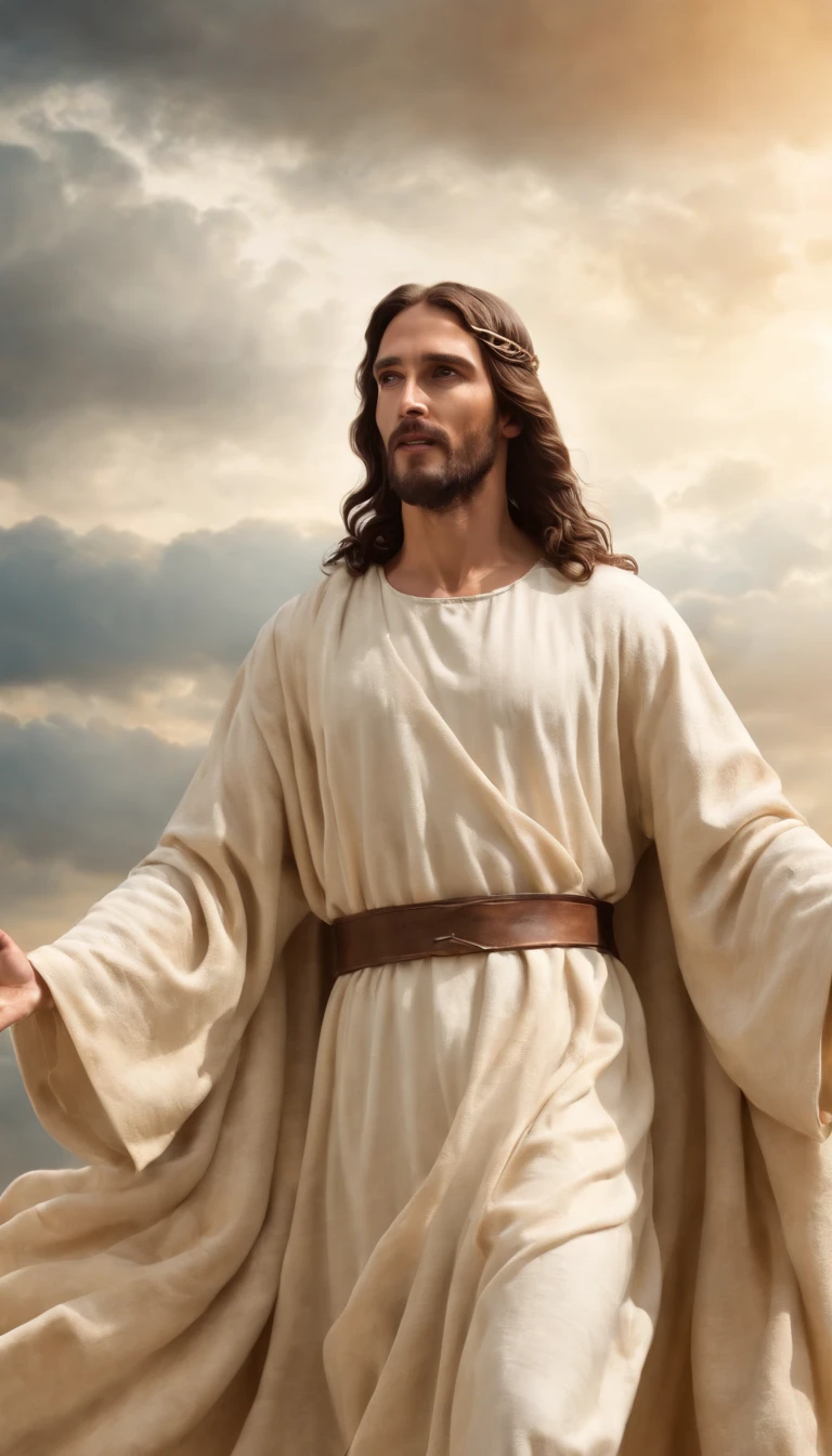 Jesus Cristo voando sobre as nuvens passando por Deus e seus anjos com armaduras Angelicais 
