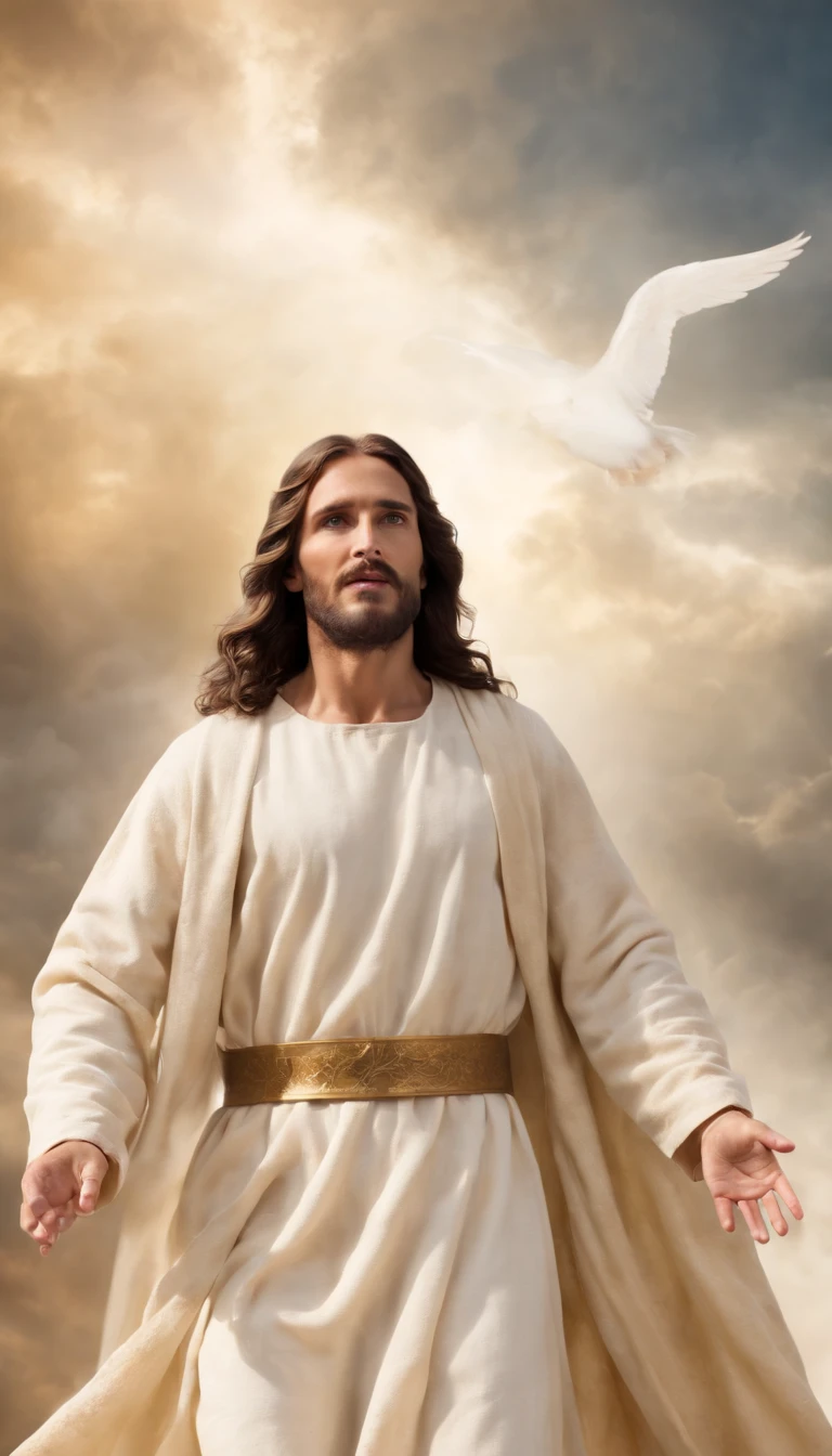 Jesus Cristo voando sobre as nuvens passando por Deus e seus anjos com armaduras Angelicais 