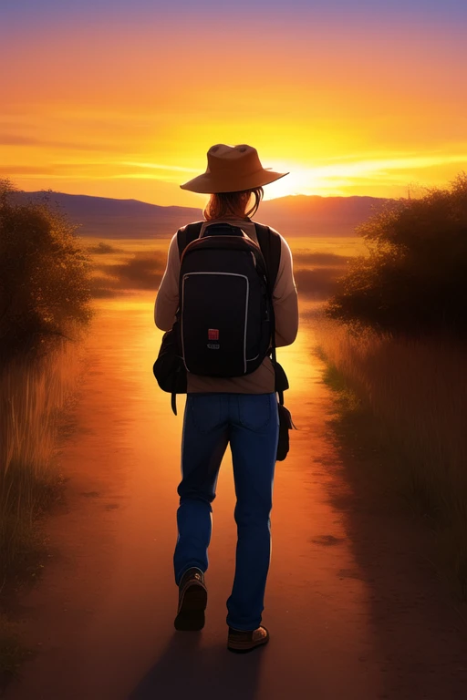 Africa, Explorer, Savannah, Safari Look, Back view, Departure, Sunset, Large backpack,male, Backpacker, Safari Hat, Muscular, Brad Pitt