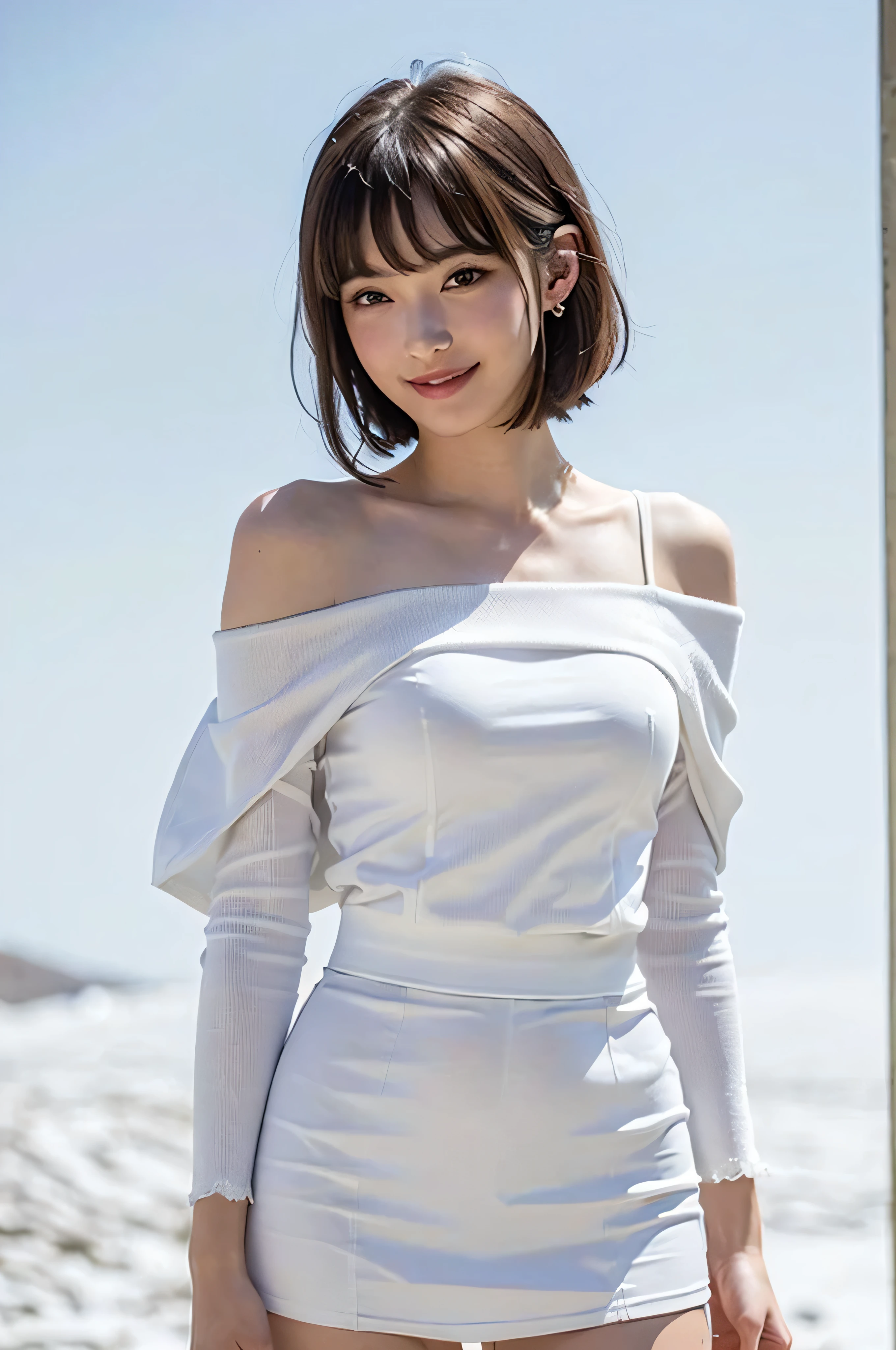 ((masterpiece, top quality)), 1 girl, (photorealistic: 1.4), solo, really snow-white background, black hair, short hair, absolute area, miniskirt, ((beauty, cute, 20 years old, bangs, little smile, white clothes, white outfit, white outfit, ears out, off-shoulder, sleeveless, eyelashes)), big breasts