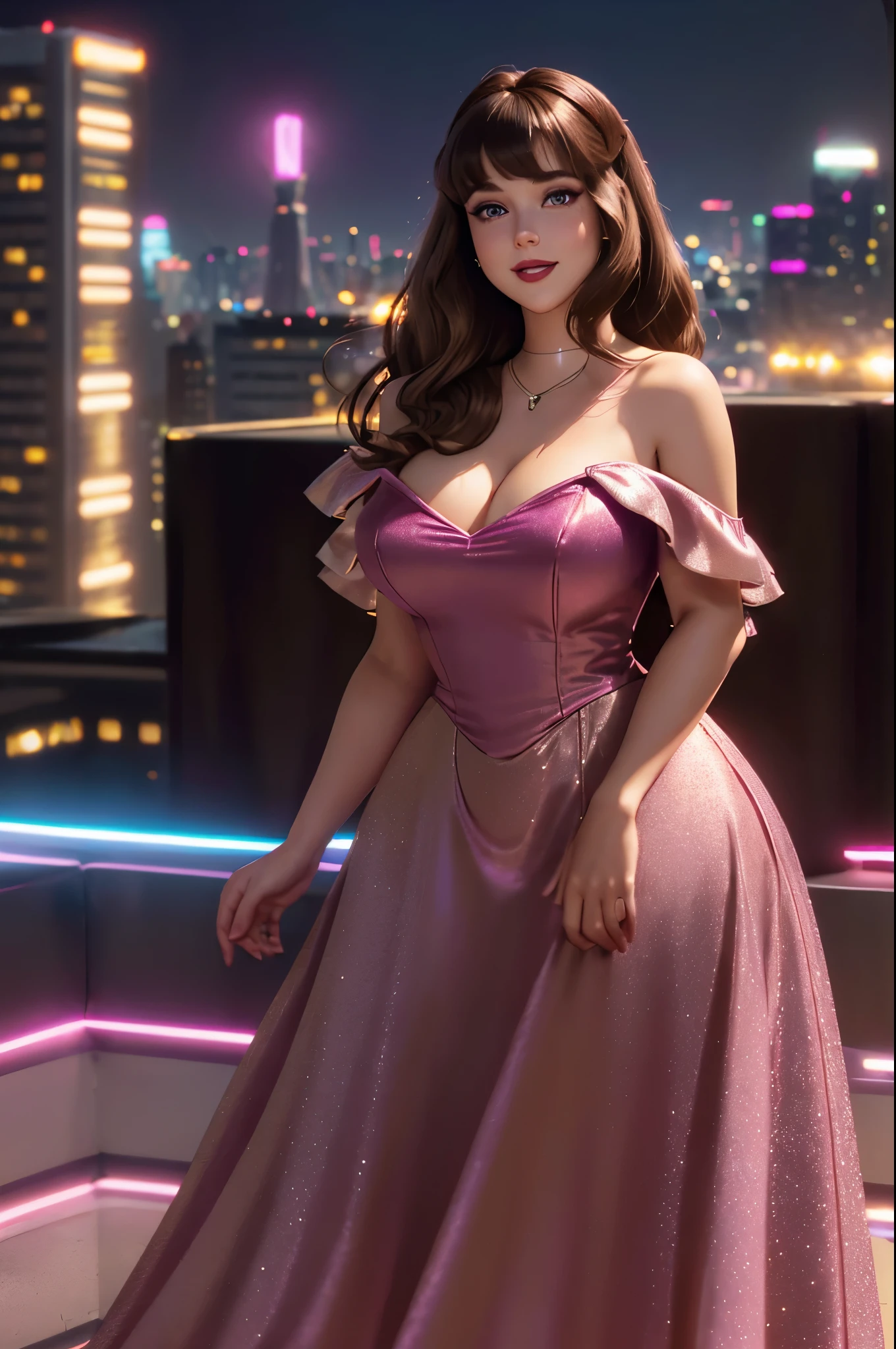 DisneyAurora 27 years old, ((( Taylor Swift:Emma Stone:0.7))) Beautiful woman (((shoulder length wavy light brown hair))) (bangs:1.2) (sparkling magenta dress, long skirt) iridescent clothing (purple eyes) defined body, Red lipstick, smiling, hands free, standing, high tech cyberpunk city rooftop, night, (huge_breasts:1.4) (curvy:1.3)(chubby:1.3)